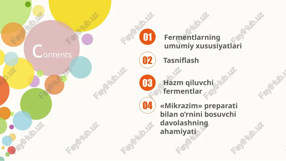 bor.bu moddalar organizmda kechadigan biokimyoviy ta'sirlanishlarni haroratni ko'tarmagan tarzda tezlashtiradi. fermentlarning inson organizmidagi o'rnini ortiqcha baholab yuborishning iloji yo'q. dnkning tuzilishi endi aniqlangan paytda,bir gen,qandaydir aniq bir alomatni aniqlashtiruvchi,bitta oqsilning sintezi uchun javob beradi,deb aytishardi.hozirgi kunda bu so'zlar bunday tarzda aytiladi: «bir gen – bir ferment – bir alomat».ya'ni hujayradagi fermentlarning faolligisiz,hayot mavjud bo'la olmaydi. 02 tasnifi 02 tasnifi kimyoviy ta'sirlanishlardagi tutadigan o'rniga qarab,fermentlarning quyidagi turlari ajratiladi: 1 02 tasnifi tirik organizmdagi barcha fermentlar ichki- va tashqihujayralilarga bo'linadi. ichkihujayralilarga,misol uchun,qon bilan kelib tushadigan,turli xil moddalarni zararsizlantirishda ishtirok etadigan,jigar fermentlari kiradi.ular organga shikast yetganda qon tarkibida aniqlanadi,va bu o'z o'rnida uning kasalliklarini aniqlashda yordam beradi. prostata bezi - nordon fosfataza 3. yurak mushagi - laktatdegidrogenaza 4. jigar-alaninaminotransefraza, aspartataminotransferaza, gamma-glyutamiltranspeptidaza, sorbitdegidrogenaza; 1. buyrak - ishqorli fosfataza; 2. 02 tasnifi ichki organlarning shikastlanganligini belgilab beruvchi,ichkihujayrali fermentlar: tashqihujayrali fermentlar bezlar tomonidan tashqi muhitga ajralib chiqadi.ularning asosiylari so'lak bezlari,oshqozon devorlari, oshqozonosti bezi,ichak hujayralaridan ajraladi va …