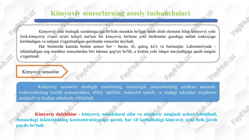 rlar ishlab chiqishda asosan potensiometriya, amperometriya, voltamperometriya va konduktometriya usullardan foydalaniladi. pezokvars rezanatorlarni sorbsiyalanuvchi moddani 10-9 – 10-12 g/sm2, gacha bulgan massasini aniqlashda qullanilishi sezgirligi va aniqligi yuqori bo‘lgan pezosorbsion sensorlarni ishlab chiqishga asos bo‘lgan. bu tipdagi sensorlarda pezokvars rezonator yuzasiga qoplangan adsorbentning massasi unga sorbsiyalangan aniqlanuvchi moddani ta’sirida o‘zgaradi va bu uzgarish pezokvars rezanatorni tebranish chastotasini o‘zgartiradi. demak sensorni signali (rezanatorni tebranish chastotasi) adsorbentga yutilgan aniqlanuvchi modda massasiga mos. pezosorsion sezgir elementni signal qiymati kattaligi foylalaniladigan sorbentni aniqlanuvchi moddaga nisbatan sorbsion aktivligiga bog‘liq bo‘ladi. ushbu tipdagi sensorlar namlikni va gazlar tarkibini aniqlashda ishlatiladi. elektrokimyoviy sensorlar quydagilarga: potensiometrik konduktometrik ampermetrik kulonometrik yarimo‘tkazgichli gaz sensorlarining ishlashi prinsipi yarimo‘tkazgich yuzasiga gazlarni adsorbsiyasi natijasida uni elektrofizik xossalarini o‘zgarishiga asoslangan. bo‘nday sensorlarda yarimo‘tkazgich sifatida ayrim metall oksidlari ishlatiladi. xemosorbsii va kataliz sohasidagi elektron nazariyaga asosan molekula yoki atomning adsorbsiyasi natijasida yarimo‘tkazgich qavat yuzasida kattaliga va qiymati yarimo‘tkazgich turiga (n- yoki p-tip o‘tkazuvchi), gazni turiga …