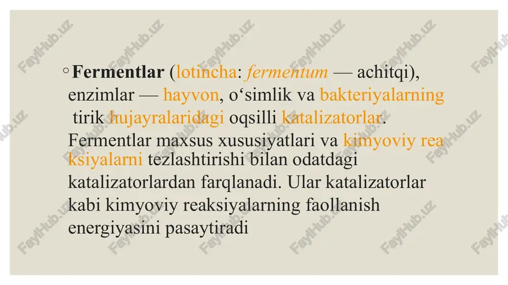 an o`zaro ta`siri orqali yuzaga keladi hamda ular fermentlarning modifikatorlari yoki regulyatorlari deb ataladi. modifikatorlarning fermentlarga ta`siri ostida reaktsiya tezlashishi (bunday sharoitda ular aktivatorlar deyiladi) yoki sekinlashishi (bunday sharoitda ular ingibitorlar deyiladi) mumkin fermentlar faolligining boshqarilishi 3 bosqichni o`z ichiga oladi: hujayra ichki boshqarilishi (substratlar, metabolitlar, aktivatorlar, ingibitorlar, ph, harorat, allosterik fermentlar). bunday boshqarish avtomatik kechadi. gormonal boshqarilish. oqsil tabiatli gormonlar va aminokislota hosilalari hujayraviy fermentlarni adenilatsiklaza tizimi orqali, steroid gormonlar va tiroksin gen darajasida fermentlar sintezini jadallashtiradi. nerv tizimi orqali boshqarilish ingibitor atamasiga e`htiyotkorlik bilan munosabatda bo`lish ko`zda tutiladi, chunki uning tagida faqatgina ferment faolligini o`ziga hos pasaytiruvchi modda to`g`risida gap boradi. reaktsiyaning tormozlanishi faqat ingibitorga bog`liq emas. chunki istalgan denaturaciyalovchi moddalar ham fermentativ reaktsiyani pasaytirishi mumkin. denaturatsiyalovchi modda ta`siri bo`lgan holatda «ingibirlanish» emas, balki «faolsizlanishi» to`g`risida gap borsa, to`g`riroq bo`ladi. ko`pincha, moddalar kichik miqdorlarda ingibitor, ko`p miqdorda e`sa inaktivator bo`lib hisoblanadi. shuning uchun bunday tarzda ikki guruhga bo`lish …