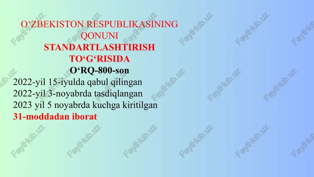 fiqlikni baholash tartib-taomillari va boshqa ob'ektlar; standartlashtirish bo'yicha milliy organ -milliy standartlarni tasdiqlaydi va ro'yxatdan o'tkazadi, ularni bekor qilish haqida, shuningdek ularga o'zgartish va qo'shimchalar kiritish to'g'risida qarorlar qabul qiladi; -xalqaro (mintaqaviy) standartlarni, xorijiy mamlakatlarning standartlarini, shuningdek ularga kiritilgan o'zgartishlarni o'zbekiston respublikasi hududida amalga kiritish va ularning amal qilishini bekor qilish to'g'risida qarorlar qabul qiladi standartlashtirish bo'yicha tegishli texnik qo'mitalar mavjud bo'lmagan taqdirda standartlarni ishlab chiqadi; standartlarning yagona axborot bazasini shakllantiradi va yuritadi standartlarning toifalari jumlasiga quyidagilar kiradi: milliy standartlar; milliy standartlar ushbu qonunda nazarda tutilgan vazifalarni amalga oshirish uchun standartlashtirish rejasi asosida ishlab chiqiladi va o‘zmst (o‘zbekiston milliy standarti) belgisiga ega bo'ladi. xalqaro (mintaqaviy) standartlar; standartlashtirish bo‘yicha xalqaro yoki mintaqaviy tashkilot tomonidan qabul qilingan va keng jamoatchilik doirasi uchun ochiq bo‘lgan standart; xorijiy mamlakatlarning standartlari xorijiy mamlakatning standartlashtirish bo‘yicha vakolatli organi (tashkiloti) tomonidan qabul qilingan standart; standartlashtirish bo'yicha texnik qo'mita: milliy standartlar loyihalarini ishlab chiqadi standartlashtirishga doir ishlarni rejalashtirish …