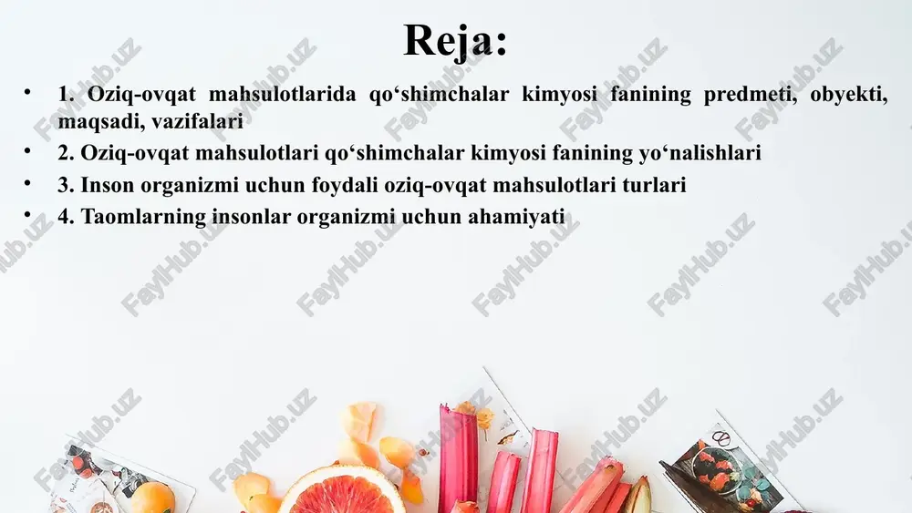 profilaktik funksiyalarni bajarishi kerak. this presentation uses a free template provided by fppt.com www.free-power-point-templates.com hozirgi kunda insonlarni oziqlanishida bir qancha kamchiliklarni ko‘rish mumkin: 1. hayvon yog‘ini ko‘p iste’mol qilish; 2. to‘yinmagan yog‘ kislotalarini tanqisligi 3. hayvon oqsilini kam iste’mol qilish; 4. vitaminlarni tanqisligi; 5. mineral moddalarni tanqisligi (kalsiy, temir); 6. mikroelemenlarni tanqisligi (selen, rux, yod, ftor); 7. ozuqaviy to‘qimalarni tanqisligi. this presentation uses a free template provided by fppt.com www.free-power-point-templates.com oziq-ovqat mahsulotlari qo‘shimchalar kimyosi fanini yo‘nalishlari oziq-ovqat kimyosini quyidagi yo‘nalishlarga bo‘lish mumkin: 1. xom-ashyo va mahsulotlarni kimyoviy tarkibi. xavfsizligi va to‘laqonliligi; 2. texnologik jarayonda makro va mikronutrientlarni o‘zgarishini umumiy konsepsiyasi; 3. xom-ashyo va mahsulot tarkibidagi komponentlarni ajratish, fraksiyalash va modifikatsiyalashni nazariy asoslari; 4. ozuqa qo‘shimchalarni olish va qo‘llash texnologiyasini ilmiy asoslari; 5. oziq-ovqat mahsulotlarini, qo‘shimchalari va komponentlarni tadqiqoti va tahlil uslublari. nutrientlar – ozuqa mahsulotlari tarkibidagi tabiiy birikmalar. mikronutrientlar - mahsulot tarkibida mg va mkg miqdorda bo‘ladigan moddalar. bularga o‘rni …