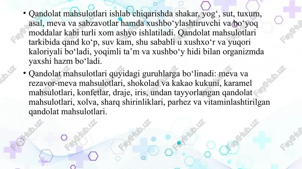 olat mahsulotlari. qabul qilish qoidalari, namuna olish va tayyorlash usullari davst 26811 -86 qandolat mahsulotlari. umumiy oltingugurt kislotasining massa ulushini aniqlash usuli qandolat mahsulotlarining sifati organoleptik va fizik-kimyoviy ko'rsatkichlar bo'yicha davlat standartlari asosida nazorat qilinadi. laboratoriya sharoitida shirinliklar namunalarida aniqlanadigan asosiy fizik-kimyoviy ko'rsatkichlar namlik, umumiy shakar va yog'ning massa ulushidir. bundan tashqari, har bir holatda nazorat qilinadigan ko'rsatkichlarning turi va soni ishlatiladigan konfet massalarining turiga bog’liq bo’ladi. qand mahsulotlari sifatining organoleptik ko’rsatkichlari qandolat mahsulotlarining fizik-kimyoviy ko’rsatkichlarini aniqlashda quyidagi usullar qo’llaniladi: mahsulot tarkibidagi namlikni aniqlashda mahsulotni quritish refraktometrik usulidan foydalaniladi (davst 5900-73 qandolat mahsulotlari. namlik va qattiq moddalarni aniqlash usullari) davst 5898-87 qandolat mahsulotlari. kislota va ishqoriylikni aniqlash usullari mahsulot tarkibidagi kislotalilik miqdorini aniqlashda: titrimetrik usul; potensiometrik usuldan fodalaniladi. davst 5903-89 bo’yicha qandolat mahsulotlari tarkibida shakar miqdorini aniqlash usullari yodometrik usul permanganatli usul ferrosianidli usul fotokolorimetrik usul polyarometrik usul mahsulot tarkibidagi yog’ miqdorini aniqlashda ikki xil usul: refraktometrik va ekstraksion usullardan …