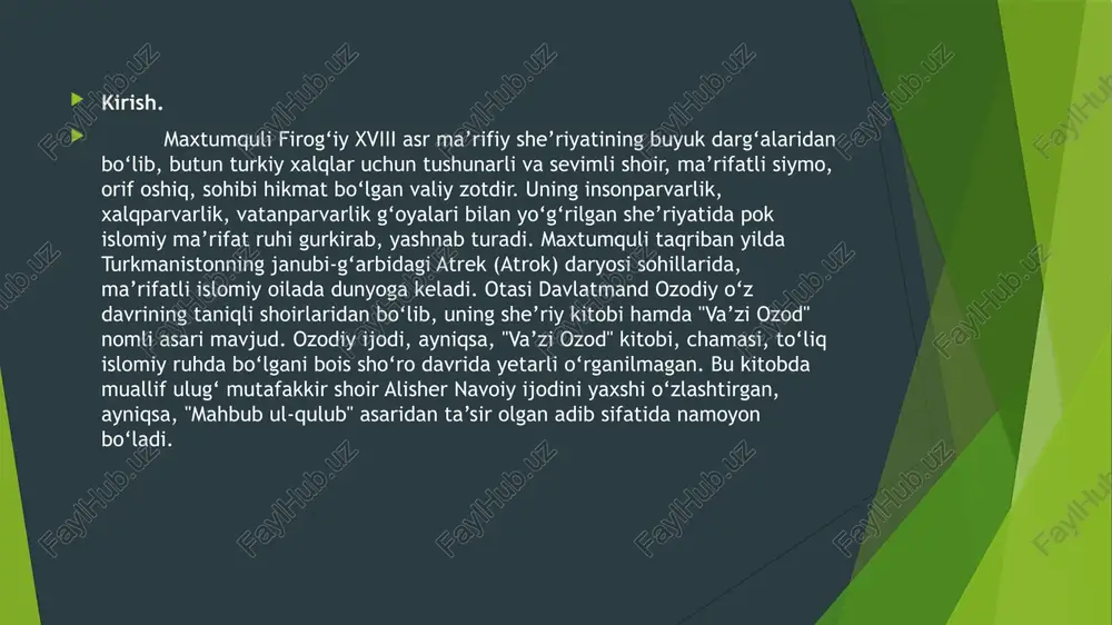 ldim, xush qol, go‘zal "sherg‘ozi". shoir she’r davomida "ilm, ta’lim olgan seni unutmas", desa, oxirida "aslo unutmasman tillo qopisin" deya minnatdorlik izhor etadi. biz bu she’rga "xivadagi sherg‘ozixon madrasasi bilan xayrlashuv" deya ost sarlavha qo‘ydik. u xivadan qaytgach, mudarrislik qilgani, ayni vaqtda zargarlik bilan shug‘ullangani naql qilinadi. na’layni arshga tojdir, nomi olamga foshdir, ikki jahon muhtojdir - arab zabonni ko‘rsam, - deyishiga ko‘ra, madinai munavvarada hazrati payg‘ambarimiz(s.a.v.)ning muborak ravzalarini ziyorat qilmoq niyatida ekani, yana: "iymonim yo‘ldosh bo‘lsa, borsam, ka’bani ko‘rsam" yoki: "niyatim ka’badir, xayolim hajdir, ixlosim bor haj tavofin etmoqqa", deyishiga qaraganda, muborak haj ibodatini ado etmoqni niyat qilganligi anglashiladi. hamisha el-yurt dardu armoni bilan yashagan maxtumqulining yoniq she’riyatida shafqat va zulm, yaxshilik va yomonlik, mardlik va nomardlik, jo‘mardlik va tubanlik kabi xususlar bir-biriga qarama-qarshi holda tavsiflanadi, yaxshi xislatlar ulug‘lanib, yomon xislatlar qoralanadi. maxtumqulining ijodi qur’oni karim, hadisi shariflarga, tasavvuf ta’limoti, valiylar hikmatiga hamda alloh o’z huzuridan ato etgan ilmi …