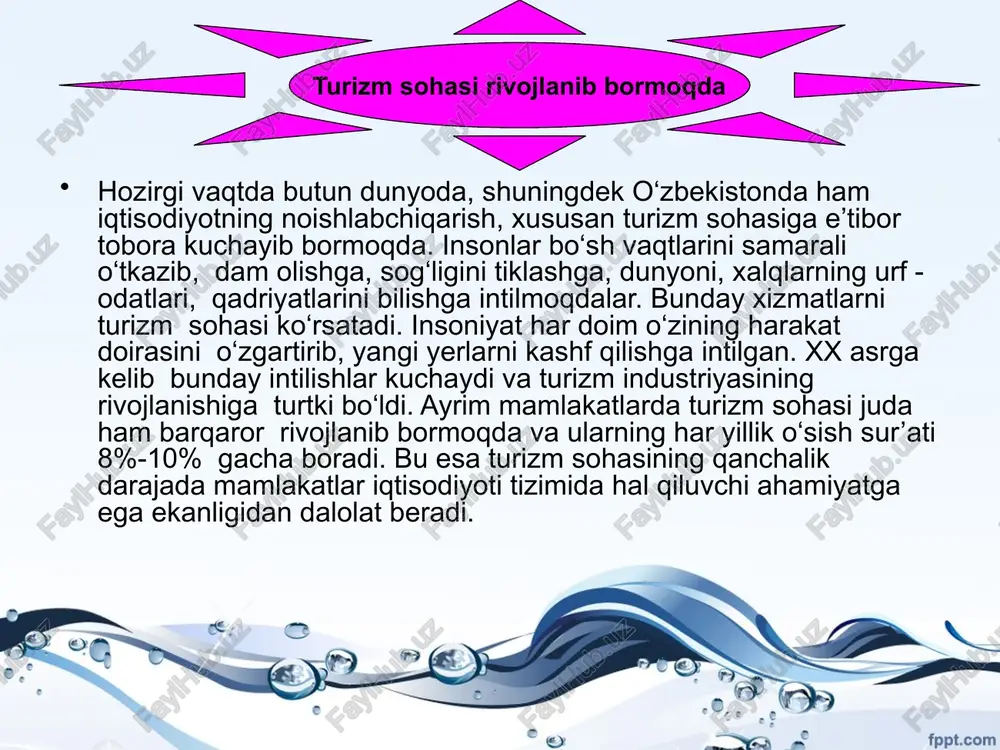 uroven tretiy uroven chetvertiy uroven pyatiy uroven «turizm, bu mintaqalarda ishga oid faollikka yordam beradi, jamoat ishlab chiqarishida band bo‘lmagan mehnatga layoqatli aholini jalb qiladi, mehnatni tatbiq qilish sohasini kengaytiradi. turizm sohasida hamkorlik qilish iqtisodiyotning rivojlanishini faollashtiradi, mintaqaviy resurslardan samarali foydalanishga hamda xizmat ko‘rsatish sohasi xodimlarining malakasini oshirishga yordam beradi. turistik tarmoq qishloq xo‘jaligi ishlab chiqarishni rivojlantirishni jadallashtirish va uni yaxshilashga yordam beradi. kelajakda aholiga xizmat ko‘rsatish sohasining kengayishi bilan xizmat ko‘rsatish sohasida band bo‘lganlar soni ortib boradi. turizm sohasida hamkorlik qilish orqali tarmoqning jadal rivojlanishi, uning iqtisodiy ahamiyatining o‘sishi turistik xizmat sohasining katta foyda keltira olishi, bu sohaga sarmoyalarni ko‘plab sarflanishiga olib keldi. mablag‘ni ko‘p talab qilishiga qaramay, turistik sohaga sarflangan sarmoya juda foydalidir, chunki u o‘zini nisbatan tez qoplaydi. xorijiy turistlardan olinadigan pul tushumlari daromadga aylanadi va milliy iqtisodiyotning turli tarmoqlarida muomalada bo‘ladi. tarmoqning jadal rivojlanishi hozirgi kunda o‘zbekiston respublikasida turizmning milliy modelini shakllantirish jarayoni amalga oshirilmoqda. ushbu …