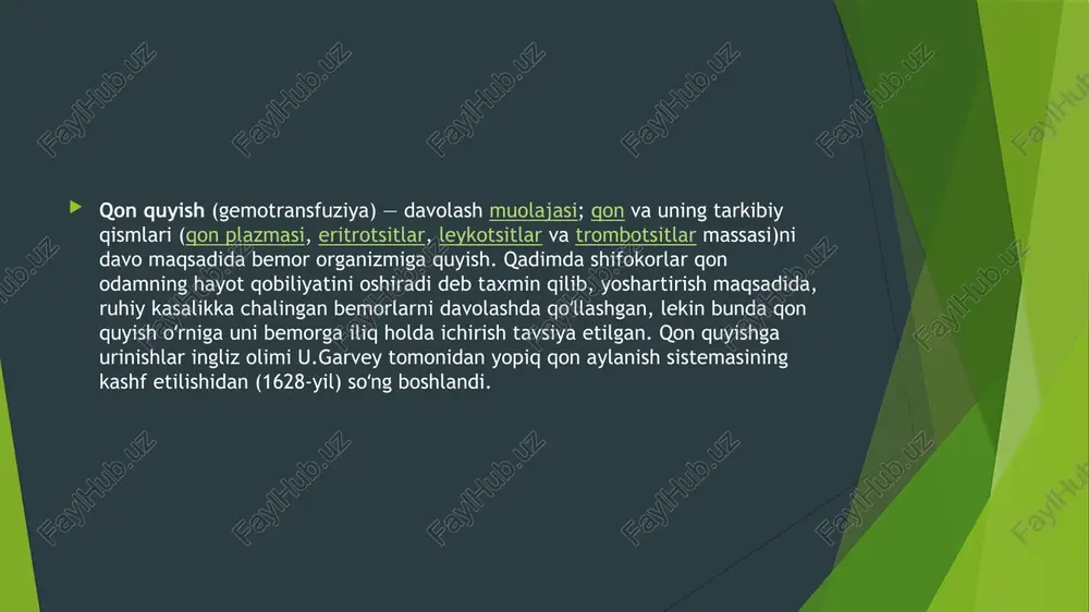 ifer, poliglyusol, makrodeks, intradeks, dekstran, plazmodeks, xemodeks va boshqa, shuningdek, quyi molekulali reopoliglyukin, reoglyuman, reomakrodeks, lomodeks, dekstran-40, gemodeks; jelatina preparatlari — jelatinol, gemojel, jelofuzin, plazmojel; gidrooksietilkraxmal asosidagi preparatlar — oksiamal, volekam, plazmosteril, voleks, 6—xes; polietilen glikol asosidagi polioksidinlar ishlatiladi. dezintoksikatsion (organizmni zaharli moddalardan tozalovchi preparatlar) taʼsir etuvchilarga quyi molekulali polivinil-pirrolidon asosidagi preparatlar, asosan, gemodez, neogemodez, periston-n, subtozan, plazmozan, komidon va hokazo kiradi. ular har xil zaharli moddalar bilan kompleks birikmalar hosil qiladi va siydik orqali organizmdan chiqib ketadi. parenteral ovqatlantirishda (ovqat sifatida) oqsil mahsulotlari (plazma, albumin), shuningdek, oqsil gidrolizatlari (kazein gidrolizati, gidrolizin, aminopeptid, fibrinosol va boshqalar) qoʻllanadi. qon preparatlarini tayyorlash quyidagi asosiy tamoyillarga asoslanadi: bemorlikdan xoli bo'lish, qonni saqlash sharoitini saqlash, qonning sifatini nazorat qilish va har bir preparatning o'ziga xos xususiyatlariga mos kelishidir. bu tamoyillar donor qonini yig'ishdan tortib, uni bemorga quyishgacha bo'lgan butun jarayonni qamrab oladi. qon tayyorlashning asosiy tamoyillari: donorlik va skrining: donorlar skriningdan o'tkazilib, turli kasalliklar, …