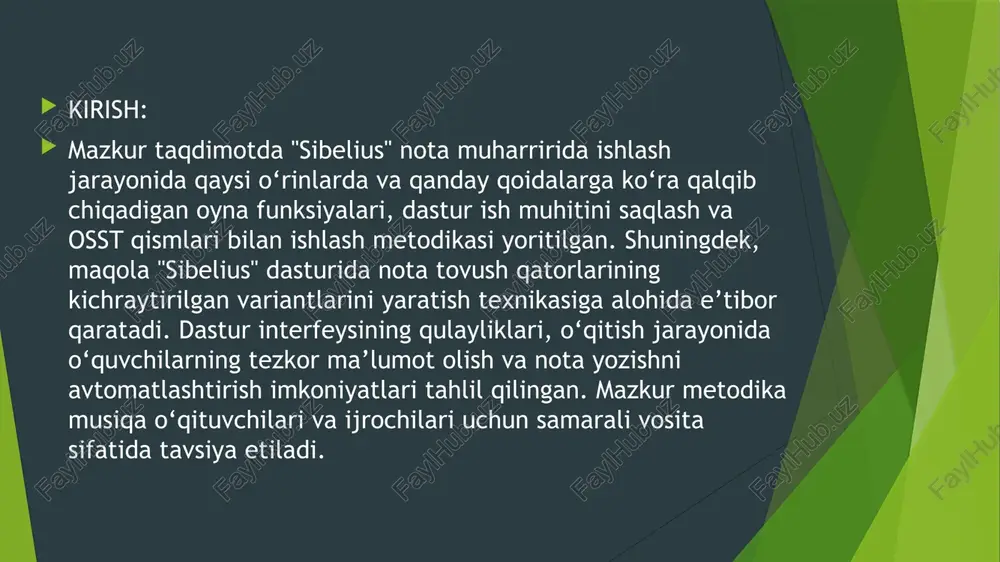 hda saqlash imkoniyatiga qo‘shimcha va o‘zgartirishlar kiritildi (eksport) ;  qo‘shimcha shriftlar. sibelius dasturining ilgarigi versiyalarida «opus», «inkpen» kabi shriftlar mavjud bo‘lgan bo‘lsa, sibelius 4 versiyasida ularning safiga «helsinki», «cambria» shriftlari ham qo‘shildi;  chiziq obyektlari (liga, dinamik chiziqlar va boshqalar) nisbatan aniq va ravshan ko‘rinishga keltirildi. navigator tugmasi. «navigatsiya» 3 atamasi o‘z nomi bilan ushbu belgining vazifasini ta’riflaydi. navigator belgisi bosilsa, ishchi oynaning pastki chap burchagida navigatsiya oynasi paydo bo‘ladi. sichqoncha ko‘rsatkichini navigatordagi yorqin rangli qismiga olib borib, sichqonchaning chap tugmasini bosgan holda siljitilsa ishchi oyna bo‘yicha navigatorga mos harakatlanish amalga oshiriladi. «nota belgilari paneli» – dasturda ishlash uchun eng zarur paneldir. ushbu tugma yoqilgan holatida ishchi oynaning pastki o‘ng burchagida nota belgilari paneli paydo bo‘ladi (tugma qayta bosilganida «nota belgilari paneli» yopiladi). ushbu joylashish aslo tasodifiy emas, chunki nota belgilari paneli bo‘limlarida joylashgan nota belgilari kompyuter klaviaturasining kalkulyatorida joylashgan raqamli klavishalarga moslashtirilgan mazkur panel oynasining 5 ta bo‘limi …
