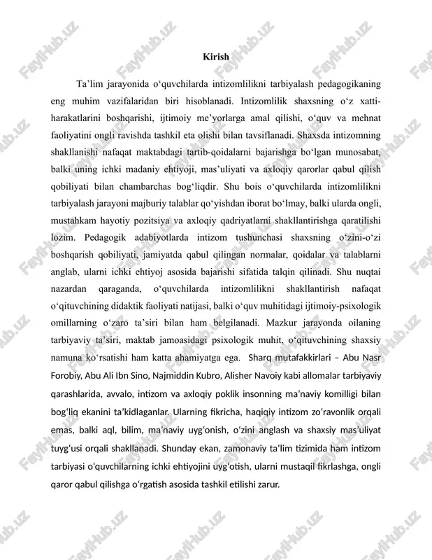 kidlaganlar. ularning fikricha, haqiqiy intizom zo‘ravonlik orqali emas, balki aql, bilim, ma’naviy uyg‘onish, o‘zini anglash va shaxsiy mas’uliyat tuyg‘usi orqali shakllanadi. shunday ekan, zamonaviy ta’lim tizimida ham intizom tarbiyasi o‘quvchilarning ichki ehtiyojini uyg‘otish, ularni mustaqil fikrlashga, ongli qaror qabul qilishga o‘rgatish asosida tashkil etilishi zarur. i bob. shaxsni jamoa orqali tarbiyalash 1.1 sinf jamoasini tashkil etish va uni tarbiyalash jamoa so'zi lotincha «kollektivus» so'zining tarjimasi bo'lib, yig'ilma, omma, birgalikdagi majlis, birlashma, guruh ma'nolarini anglatadi. aniqroq aytadigan bo'lsak, jamoa — bu kishilardan iborat guruh demakdir. zamonaviy talqinda «jamoa» tushunchasi ikki xil ma'noda ishlatiladi. jamoa dcganda, birinchiclan. kishilarning istalgan tashkiliy guruhi (masalan, ishlab chiqarish jamoasi. korxona jamoasi, xo'jalik jamoasi va h.k.), ikkiiichidan, yuqori darajada uyushtirilgan guruh tushuniladi. chunonchi, o'quvchi (tarbiyalanuvchi)larning birlaslimasi o'ziga xos muhim belgilarga egadir. quyida jamoa va lining xususiyatlari (belgilari) borasida so'zyuritamiz. jamoa va jamoa orqali tarbiyalash — tarbiya tizimida muhim ahamiyatga ega bo'lgan tamoyillardan biridir. shaxsni shakllantirishda jamoaning yetakchi …