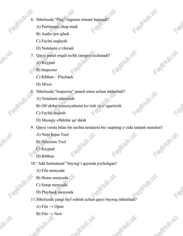 int c) layout → print d) view → print 16. “playback devices” qaysi maqsadda ishlatiladi? a) notalarni chop etish b) audio chiqish qurilmalarini tanlash c) faylni eksport qilish d) tempni sozlash 17. sibelius interfeysida “ribbon” nima vazifani bajaradi? a) audio fayllarni tahrirlash b) asosiy buyruqlar va vositalarni guruhlash c) faylni saqlash d) notalarni ijro qilish 18. qaysi rejim faqat notalarni tinglash va ijro qilish uchun ishlatiladi? a) write mode b) play mode c) layout mode d) review mode 19. partituraga matn qo‘shish uchun qaysi panel ishlatiladi? a) keypad b) text panel c) inspector d) mixer 20. sibeliusda fayl formatlarini saqlash qaysi buyruq orqali amalga oshiriladi? a) file → save b) edit → save as c) layout → save d) view → save javoblari: 1. b – start panel 2. b – musiqiy partitura 3. b – keypad 4. b – vaqt va tempni boshqarish 5. d – keypad 6. b …