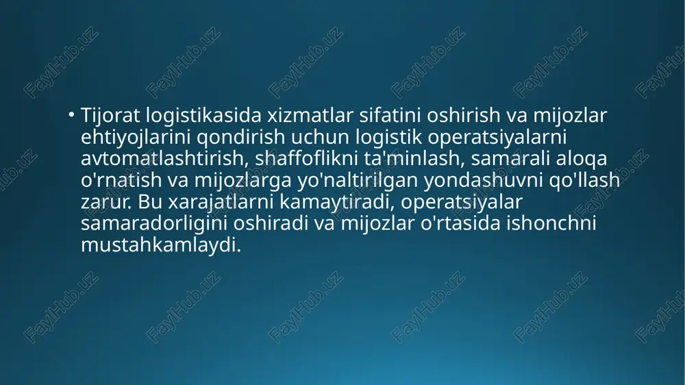 ering va muammolarni hal qilishda yordam bering. mijozlar fikrini o'rganish: logistika xizmatlaridan keyin mijozlar bilan bog'lanib, ularning fikrlarini tinglang. bu esa kelajakda xizmatlar sifatini yaxshilash uchun muhim ma'lumot manbai bo'lib xizmat qiladi. moslashuvchan narx belgilash: mijozning ehtiyojlariga qarab, moslashuvchan narx siyosatini taklif eting, bu esa mijozning manfaatini oshiradi. image2.jpeg image3.png image4.jpeg image5.png image1.png /docprops/thumbnail.jpeg