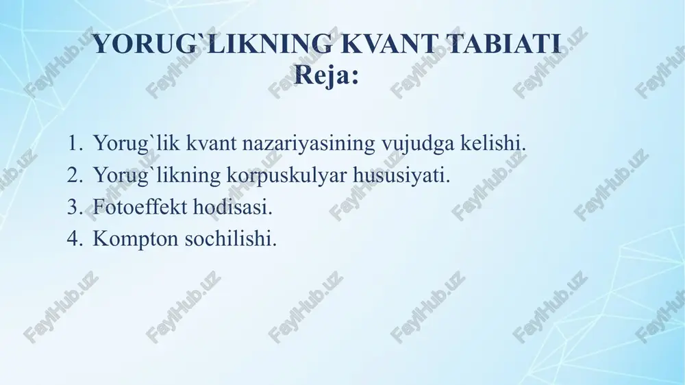 ash mumkin foton massasi har qanday zarraning massasi uning tezligi yorug`lik tezligiga yaqin tezlikda harakatlansa zarrachaning massasi quydagicha o`zgaradi. fotoeffekt – moddalarning elektromagnit nurlanish taʼsirida elektron chiqarishi. fotoeffekt hodisasini 1887-yilda nemis fizigi frank gerts ochgan. dastlabki asosiy tadqiqotlarni rus olimi aleksandr stoletov (1888), soʻngra nemis fizigi fotoeffekt leonard (1899) oʻtkazgan. fotoeffekt qonunlarini birinchi boʻlib albert einstein (1905) nazariy tushuntirgan. fotoeffektning asosiy qonuniyatlari: fotoeffekt-yorug`lik nuri tasirida metallardan elektronlarninguchib chiqish hodisasidir. quydagi vediorolikda to`liqroq malumotga ega bo`lishingiz mumkin. fotoeffekt hodisasini ikki turga bo`lib o`rganamiz ichki fotoeffekt va tashqi fotoeffekt. ichki fotoeffektda metal sirtiga yorug`lik tushishi natejasida modda atomidan elektronlar ajralib modda tashqarisiga chiqib ketolmasa ichki fotoeffekt hodisasi kuzatiladi. agarda yorug`lik tushisi natejasida metall sirtidan elektronlar uchib chiqib ketsa bu hodisaga tashqi fotoeffekt deyiladi. tashqi fotoeffekt hodisasida fototok hosil qilish mumkin kompton effekti kompton sochilishi elastik boʻlmagan sochilishga misol boʻla oladi. jarayon sodir boʻlgan foton laboratoriya ramkasida energiyani yoʻqotadi, bu koʻp asrlik amaliyot …