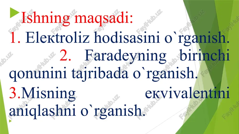 massasi ma'lum bo`lsa, moddaning el e ktrokimyoviy ekvival e nti quyidagicha aniqlanadi: /. kmit  (2) ishni bajarish tartibi 1. laboratoriya ishining yo`riqnomasi o`qib o`rganing va o`qituvchi savollariga javob berib, ishni bajarishga ruxsat oling. 2. katod vazifasini o`taydigan miss el e ktrodning 1 m massasini el e ktron tarozida tortib aniqlang. 3. eslatma. el e ktrod tortilishidan oldin quritilishi shart! 4. mis kuporosidan m massasini tarozida tortib oling va uni distillangan suvda yeritib yeritma tayyorlang. 5. mis kuporosi yeritmasiga mis el e ktrodlarini tushirib, ularni qo`zg`almaydigan qilib mahkamlang. 6. tajriba boshlangan t vaqtni b e lgiling vash u zahotiyoq kalitni ulang hamda r e ostat yordamida tok kuchi kattaligini 1,5 a qiymatda o`zgartirmay saqlang. amp e rm e tr ko`rsatgan i tokni b e lgilang va uni yozib oling. tajriba aniqlangan natijalarni jadvalga kiriiting. 7. 15 - 20 minut vaqt davomida elektrolitdan tok o`tgandan keyin kalitni uzing va 2 t …