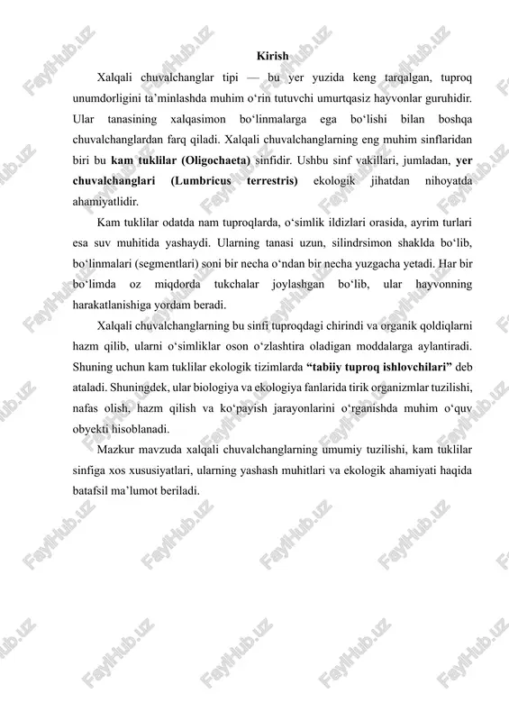 rapodiylar bo’ladi. tuproq halqalilarda parapodiylar o’rnida qillar saqlanib qolgan. teri-muskul haltasi kutikula, bir qavat epiteliy, halqa va bo’ylama muskullar, ichki epiteliy- endoteliydan iborat. tana bo’shlig’i selom deyiladi. j.urchinov tomonidan yozilgan “zoologiya” nomli kitobida halqali chuvalchanglar tipi haqida quyidagi asosiy ma’lumotlar keltirilgan. bu tip 9 mingtagacha turni o’z ichiga oladi. ularning uzunligi millimetrdan to 3 metrgacha bo’ladi. tanasi boshidan dumiga tomon segmentlarga ajralgan. teri-muskul haltasi yaxshi rivojlangan. halqali chuvalchanglarda ikkilamchi tana bo’shliq rivojlangan. bularda yopiq qon aylanish sistemasi rivojlangan bo’lib, ularning yuragi yo’q. bu tip chuvalchanglarning qoni rangsiz, yashil va qizil bo’ladi. bularning nerv sistemasi bir juft bosh miya va qorin nerv zanjiridan iborat. bundan bir necha yil keyin o.mavlonov, sh.xurramov, x. eshovalar yozgan “umurtqasizlar zoologiyasi” nomli kitobda halqalilarga batafsil ma’lumotlar keltirilgan. ularning gavdasi bosh, bo’g’imlarga bo’lingan tana va keyingi anal bo’limlardan iborat. og’iz teshigi prostomiumning qorin tomonida joylashgan. hazm qilish sistemasi yaxshi rivojlangan. qon aylanish sistemasi odatda tutash, yaxshi rivojlangan. …