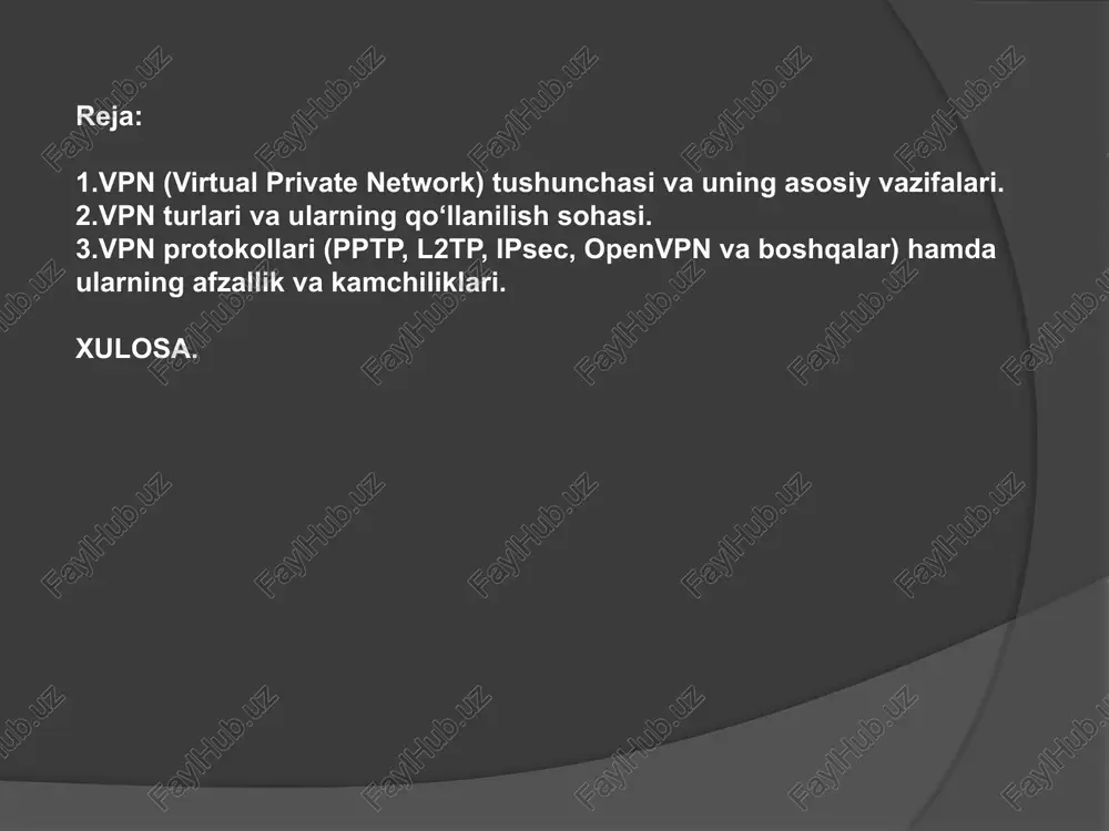 ham keng tarqalgan, chunki ular maxfiylik, erkinlik va xavfsizlikni birlashtirgan qulay yechimni taqdim etadi. shu sababli, vpn texnologiyasi zamonaviy raqamli dunyoda internetdan xavfsiz va ishonchli foydalanishning ajralmas vositasiga aylangan. 2.vpn turlari va ularning qo‘llanilish sohasi. vpn turlari asosan ularning ishlash usuli, maqsadi va qo‘llanilish sohasi bo‘yicha farqlanadi. eng ko‘p tarqalgan vpn turlariga remote access vpn, site-to-site vpn, va client-to-site vpn kiradi. remote access vpn — bu tur foydalanuvchilarga internet orqali korporativ tarmoqqa masofadan xavfsiz ulanib ishlash imkonini beradi. masalan, kompaniya xodimi ofisdan tashqarida bo‘lsa ham, vpn orqali korporativ tarmoqdagi ma’lumotlar bazasi yoki ichki dasturlarga kira oladi. bu turdagi vpn asosan masofaviy ish tizimlari va ta’lim platformalarida keng qo‘llaniladi. site-to-site vpn — bu ikki yoki undan ortiq lokal tarmoqlarni yagona xavfsiz tarmoq sifatida bog‘lovchi texnologiyadir. vpn odatda yirik tashkilotlar yoki filiallari ko‘p bo‘lgan korxonalarda ishlatiladi. masalan, kompaniyaning toshkentdagi bosh ofisi va andijondagi filialini yagona shifrlangan tarmoq orqali bog‘lash uchun site-to-site vpn …
