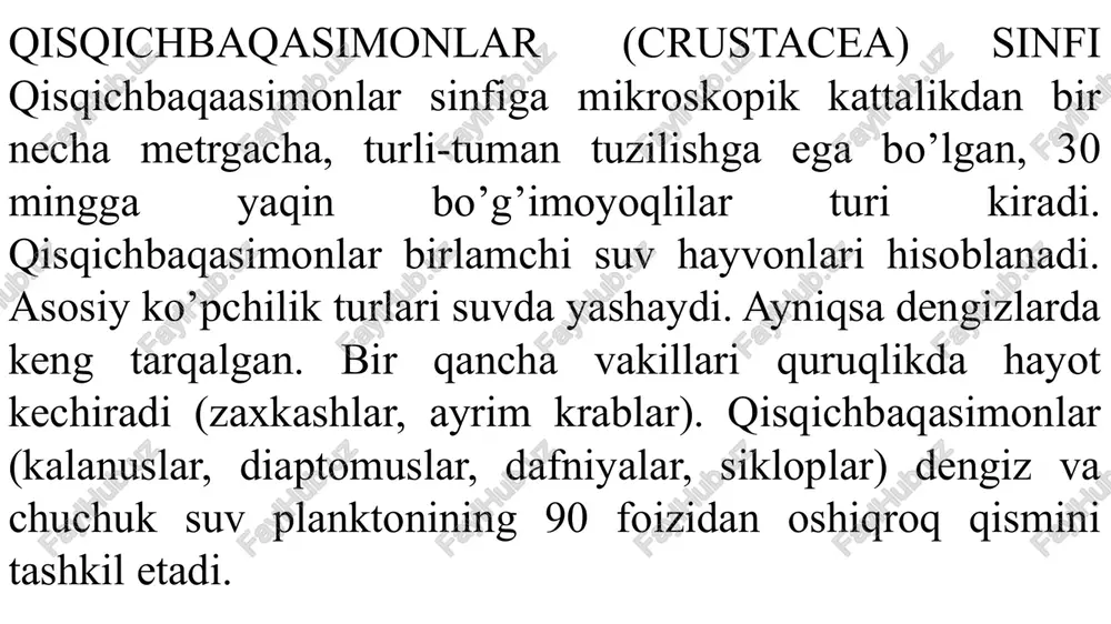 oshko’krakni hosil kiladi. bosh qismi halqali chuvalchanglarning prostomiumiga mos keladigan akrondan va to’rtta tana bo’g’imlaridan tashkil topgan bo’lib, 5 juft o’simtalarga ega. birinchi jufti bir shoxli, ba’zan ikki shoxli kalta mo’ylovlari, ya’ni antennullalari halqali chuvalchanglarning palpalariga mos keladi. antennullalar asosan tuyg’u va hid bilish, ayrim hayvonlar (siklop)da harakatlanish organi vazifasini ham bajaradi. ikkinchi juft mo’ylovlari - antennalari esa halqali chuvalchanglarning birinchi tana bo’g’imi parapodiylaridan hosil bo’lgan. antennalar bir shoxli, ba’zan ikki shoxli bo’ladi. bosh bo’g’imlarining boshqa o’simtalari halqali chuvalchanglarning parapodiylaridan kelib chiqqan bo’lib, ular og’iz organlari xususan, bir juft yuqori jag’lar (mandibulalar) ikki juft pastki jag’lar (birinchi va ikkinchi juft maksillalar)ni hosil qiladi. jaglar oziqni ushlab turish va chaynash uchun xizmat qiladi ko’pincha oldingi 1—3 juft ko’krak oyoqlari oziqni tutib turish va maydalash vazifasini bajaradi. ular jag’oyoqlar deb ataladi. daryo qisqichbaqasining bosh ko’krak qalqoni sirtidagi ko’ndalang chuqurchasi boshning ko’krak bilan qo’shilish chegarasiga to’gri keladi. daryo qichqichbaqasi va boshqa bir qancha …