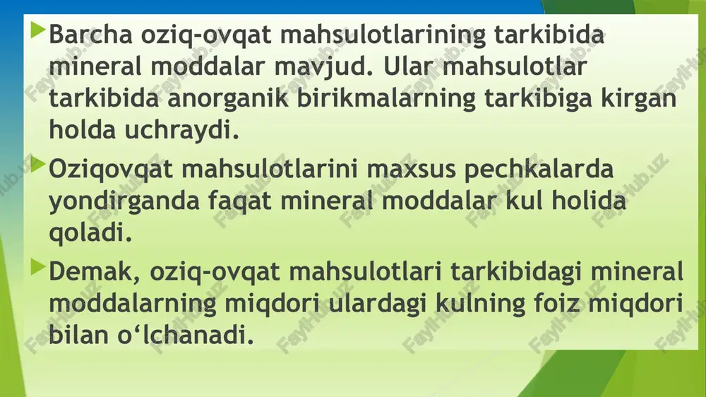 ,075-0,250 . makroelementlarga kaliy, natriy, kalsiy, magniy, fosfor, xlor va oltingugurt kiradi. ularni miqdori 100 g mahsulot tarkibida bir necha o'n va yuz milligram miqdorida bo'ladi. mikroeleentlar organizmda bir necha mkgdan bir necha 100 mkg miqdorida bo'ladi. mikroelementlar shartli ravishda 2 ta guruh ga bo'linadi: absolyut yoki hayotiy zarur (kobal't, temir, mis, rux, marganets, yod, brom, ftor) va ehtim oliy zaruriy (alyuminiy, strontsiy, molibden, selen, nikel', vanadiy va boshqalar). hayotiy zarur mikroelementlar shunday moddalarki, ular yetishmaganda organizmni normal hayotfaoliyati buziladi. insonni oziqlanishida eng tanqis mineral moddalarga kalsiy va temir, ortiqchasiga natriy va fosfor kiradi. c a .................. skeletni rivojlanishini sekinlashtiradi. m g ..................muskullarning faoliyatini buzadi. fe.....................anemiya kasalligini vujudga keltiradi. zn......................terini zararlaydi, o'sishni susaytiradi. i ........................qalqon bezini faoliyatini buzadi mineral moddalar oqsillar, yog’lar va uglevodlar kabi energetik qiymatga ega emas. biroq ularsiz inson yashay olmaydi. mineral moddalar inson xayot faoliyati jarayonlarida plastik vazifani bajaradi. biroq suyak to’qimalarini tuzishda ularning o'rni katta, …