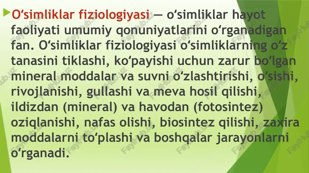cha yoʻl bilan amalga oshadi. oʻsimliklar fiziologiyasi rivojlanishiga maxsus qurilmalar — fitotronlarning yaratilishi katta ahamiyat kasb etdi. bunday ishlar oʻsimliklarni iklimlashtirish, introduksiya qilish, duragaylash, geterozis olish, navlarni mintaqalarga qarab joylashtirish, turli xil agrotexnik tadbirlar: oʻgʻitlash, sunʼiy sugʻorish kabi muhim masalalarni hal qilishga imkon berdi. uglevodlar - organik birikmalarning keng sinfi. tirik organizmlaming hujayralarida uglevodlar energiya manbai va akkumulyatorlari hisoblanadilar. o'simliklarda (ular ulushiga quruq moddalarning 90% miqdori to'g'ri keladi) va ayrim hayvonlarda (quruq moddalarning 20%gacha) tayanch materiali (skelet) rolini bajaradi; ko'pgina muhim tabiiy birikmalar tarkibiga kiradi, bir qator muhimroq biokimyoviy reaksiyalarning rostlovchilar sifatida ishtirok etadi. oqsillar va lipidlar bilan birikib, uglevodlar murakkab yuqori molekulyar komplekslarni hosil qiladi, bu komplekslar hujayra strukturasining, o'z navbatida tirik materiyaning asosi bo'lib hisoblanadi. ular tabiiy biopolimerlar - irsiy informatsiyani uzatishda qatnashuvchi nuklein kislotalar tarkibiga kiradi. uglevodlar o'simliklarda fotosintez paytida hosil bo'ladi, bunda quyosh nuri ta'sirida xlorofill havoda saqlanadigan karbonat angidrid gazini yutadi. hosil bo'lgan uglevodlar o'simik …