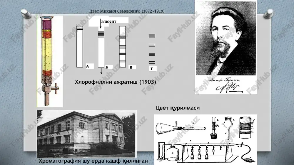halari xromatografiya – moddalarni ajratishning fizik-kimyoviy usuli bo'lib, komponentlarni harakatlanuvchan va harakatlanmaydigan fazalar orasida taqsimlanishiga asoslangan; – analitik usul ko'p komponentli aralashmalarni (har xil molekulyar massali gazsimon, suyuq, qattiq) ajratish imkonini, komponentlarni aniqlash va aralashmaning miqdoriy tarkibi haqida ma'lumot beradi. xromatografiyaning asosiy tushunchalari usulning mohiyati- ajratilayotgan moddalar qo'zg'almas fazaning qatlamlari orasidan harakatlanuvchi faza (suyuq yoki gaz) bilan birgalikda har xil sorbtsiyalangani uchun turli xil tezlikda harakat qiladi. analiz qilinadigan komponentlar harakatlanuvchi fazada yaxshi eriydigan va qo'zg'almaydigan fazaga nisbatan passiv bo'lishi kerak. aralashmadagi komponentlarning muvozanat konstantalari bir-biridan etarli darajada farq qilishi kerak (ularni ajratish imkoni bo'lishi uchun). xromatografiyaning asosiy tushunchalari xromatografiya jarayonining o'ziga xosligi – sorbent yuzasida sorbtsiya-desorbtsiya jarayonini ko'p marotaba qayta-qayta amalga oshirish mumkinligi. bu esa komponentlarni ajratishda yuqori effektivlikni ta'minlaydi. qo'zg'almas fazani tark etayotgan, erigan moddani tutuvchi suyuq fazaga elyuat deyiladi. namunaning elyuent bilan birga harakat qilish jarayoniga elyuirlash deyiladi. xromatografiyaning asosiy tushunchalari sorbtsiyani ikki xil usulda amalga oshirish …
