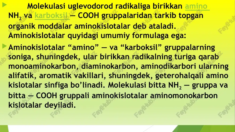 ino­ kislotalar sinfiga bo’linadi. molekulasi bitta nh2 — gruppa va bitta — cooh gruppali aminokislotalar aminomonokarbon kislotalar deyiladi. oqsil - inson ovqatining muhimroq komponentidir. ozuqaviy oqsilning asosiy manbalari: go'sht, sut, baliq, donni qayta ishlash mahsulotlari, non, sabzavotlar. oqsillar proteinlar va proteidlarga bo’linadi. protein------ oddiy oqsil, proteid------ murakkab oqsil oqsil tarkibiga kiruvchi 20 xil aminokislotalar kimyoviy strukturasiga kura bir-biridan radikal qismi bilan farq qiladi va asosiy olti sinfga bo’linadi. 1. monoaminomonokarbon aminokislotalar: glitsin, alanin, valin, leytsin, izoleytsin, serin, trionin 2. monoaminodikarbon aminokislotalar: asparagin, glutamin 3. diaminomonokarbon aminokislotalar: lizin, arginin 4. oltingugurt tutuvchi aminokislotalar: metionin, tsistein, sistin 5. aromatik aminokislotalar: fenilalanin, tirozin 6. geterotsiklik aminokislotalar: triptofan, gistidin, prolin, oksiprolin aminokislotalar assimetrik fazoviy strukturaga ega bo'lganligi uchun yoruglik nurini polirizatsiyalash qobiliyatiga ko'ra 2 xildir. insonning oqsilga bo'lgan talabi uning yoshiga, jinsiga, mehnat faoliyatining xarakteriga bog'liq. katta yoshdagi sog'lom kishi organizmiga kelib tushadigan oqsil miqdori bilan parchalanishda hosil bo'ladigan mahsulotlar miqdori o'rtasida balans (muvozanat) …