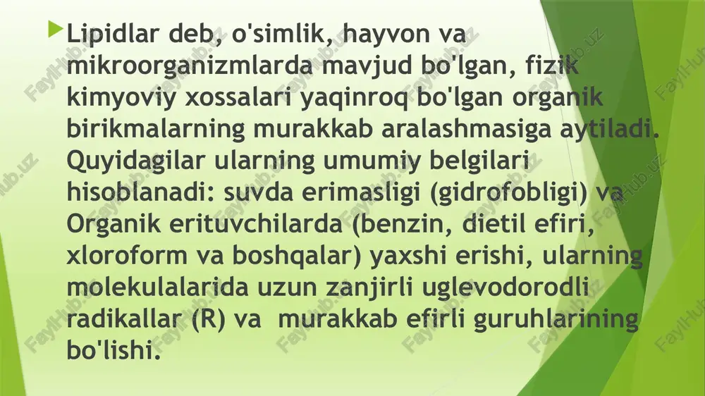 arning oddiy efirlari. uglevodorodlar. murakab lipidlar. bu guruhga fosfolipidlar, glyukozidolipidlar, lipoproteidlar kabi birikmalar kiradi. siklik lipidlar. bu guruhga quyidagilar kiradi: - alisiklik yuqori molekular kislotalarning glitserinli efirlari - alisiklik spirtlar yoki sterinlar (sterollar) va ularning yuqori molekular alifatik yog' kislotalari bilan hosil qilgan efirlari. tirik organizmlarda lipidlar erkin va bog'langan holda, oqsillar bilan kompleks birikma hosil qilgan holda: lipoproteidlar va proteolepidlar holida bo'ladi. lipoidlar deb aytiladigan yog'lar va bir qator moddalarni birta guruhga birlashtirish mumkin; ularning umumiy xususiyati gidrofobligi va suvda erimasligi hisoblanadi. hozirgi vaqtda yog'lar va yog'simon moddalar (lipoidlar) birlashtirilib umumiy lipidlar nomini olgan. bu guruhdagi moddalar turli xildagi organik erituvchilarada eriydi: - efir, benzin, benzol, xloroform, ko'rsatilgan guruhga mansub bo'lgan erituvchilar va moddalarning xarakterli tomoni shundaki ulardagi gidrofob radikallar va guruhchalarning yuqori miqdori hisoblanadi. yog'da eriydigan pigmentlar: - karotinoidlar va xlorofill ham shu guruhga mansub bo'lishi mumkin. lipoidlar barcha tirik organizmlarda juda muhim rol' o'ynaydi. ular hujayralarga moddalarni …