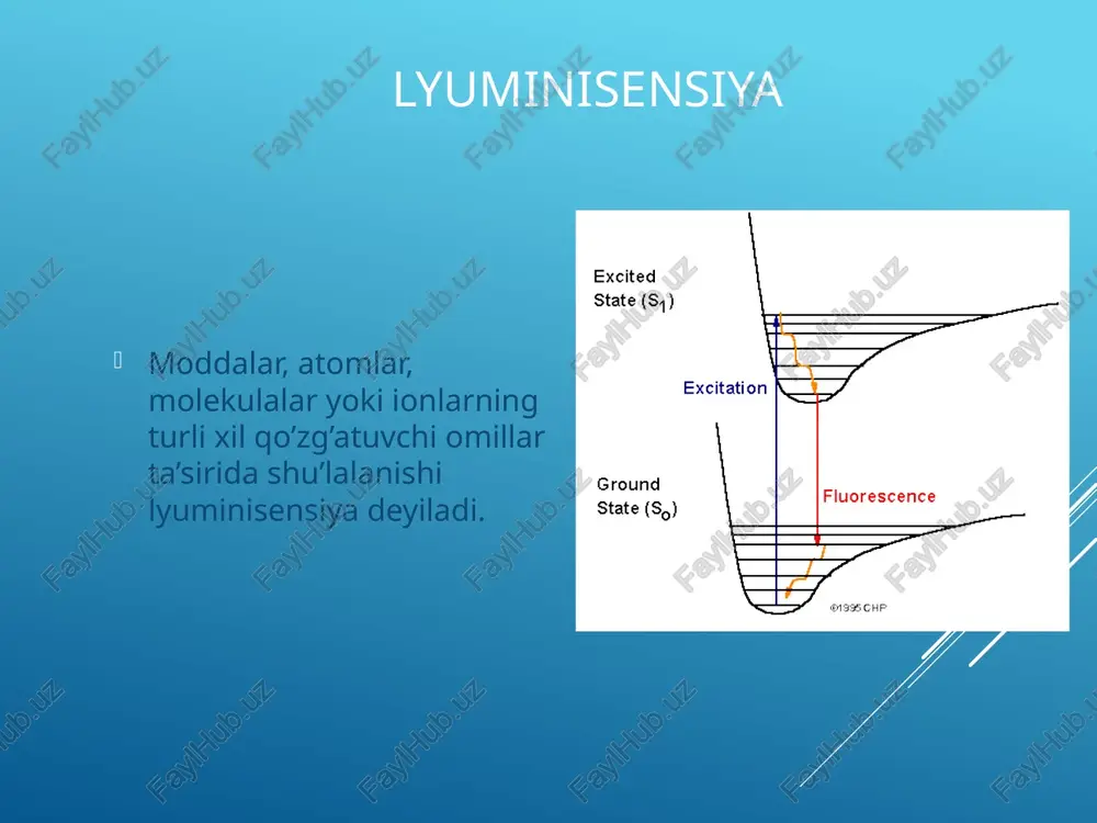 olatidir, chunki toq elektron magnit maydonida ikkita yo'nalishni qabul qilishi mumkin, bu tizimga bir oz boshqacha energiya beradi barcha elektron spinlari juftlashgan molekulyar elektronlar holatiga singlet holat deyiladi va molekula magnit maydon ta'sirida elektron energiya darajalarining bo'linishi bo'lmaydi. absorbsiya va emissiya darajalari... foton nurlanishining yutilish tezligi juda katta, bu jarayon 10-14 dan 10-15 sek oralig’ida. boshqa tomondan, lyuminestsentsiya emissiyasi sezilarli darajada past darajada sodir bo'ladi. bu erda qo'zg'aladigan holatning davom etish jarayoni qo'zg'alish jarayoniga mos keladigan yutilish cho'qqisining molyar yutish qobiliyatiga teskari bog'liqdir.. so’nish jarayoni vibratsiyani yumshatish ichki konversiya tashqi konversiya tizimlararo o'tish fosforesans muayyan ta’sirlar ostida lyuminisensiya jarayoni kamayadi. bu hodisa so’nish deb ataladi. effect of concentration on fluorescence intensity konsentratsiyaning floresan intensivligiga ta'siri ● f=kvant samaradorligi = # molekulalar chiqaradigan / jami # molekulalar hayajonlangan ●(l/mol-sm) va b (sm) ularning odatiy ma'nolari bor ●po hodisada yorqin quvvat zichligi (watt/sm2) ● chiziqli munosabatlar, f = kc ● o'z-o'zini singdirish …