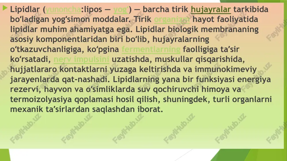 arlanishdan. yog 'to'qimasi issiqlikni yaxshi o'tkazmasligi sababli, lipidlar tanani hipotermiyadan himoya qiladi, bu ayniqsa sovuq iqlimi bo'lgan hududlar aholisi uchun muhimdir. strukturaviy funktsiya. hujayrada lipidlar strukturaviy (qurilish) funktsiyani bajaradi: ular hujayra membranalarining bir qismidir - barcha hujayralar va hujayra ichidagi organellalarning ko'p qismini "kiyintiruvchi" nozik zich plyonkalar. tartibga solish funktsiyasi. ko'pgina gormonlar lipidlarning hosilalaridir. saqlash funktsiyasi. sutemizuvchilarning teri osti to'qimalaridagi yog 'zaxiralari ularga oziq-ovqat va suv etishmasligi bilan bog'liq noqulay davrlarda omon qolishga imkon beradi. cho'llarda yashovchi hayvonlar hayot uchun zarur bo'lgan suvning muhim qismini tanadagi yog'larning parchalanishi orqali oladi. ko'pgina gormonlar lipidlarning hosilalaridir. saqlash funktsiyasi. sutemizuvchilarning teri osti to'qimalaridagi yog 'zaxiralari ularga oziq-ovqat va suv etishmasligi bilan bog'liq noqulay davrlarda omon qolishga imkon beradi. cho'llarda yashovchi hayvonlar hayot uchun zarur bo'lgan suvning muhim qismini tanadagi yog'larning parchalanishi orqali oladi. hayvonlarning yog 'to'qimalarining hujayralari lipidlarga eng boy. lipidlarning kontsentratsiyasi kungaboqar, zig'ir va yeryong'oq kabi ba'zi o'simliklarning urug'larida yuqori. va ba'zi …