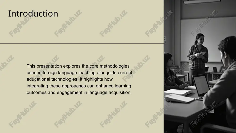 enges and best practices common challenges include digital literacy gaps, resource limitations, and distraction risks. best practices involve balanced technology use, continuous teacher training, and scalable solutions that accommodate varying learner needs while maintaining pedagogical effectiveness. conclusions implementing sound methodologies combined with advanced educational technologies results in more dynamic and effective foreign language teaching. emphasizing skill development, meaningful feedback, and interactive tools promotes learner success and fosters lifelong language learning habits. thank you please keep this slide for attribution 2xxx credits: this presentation template was created by slidesgo, and includes icons, infographics & images by freepik image1.png image2.png image3.png image4.png