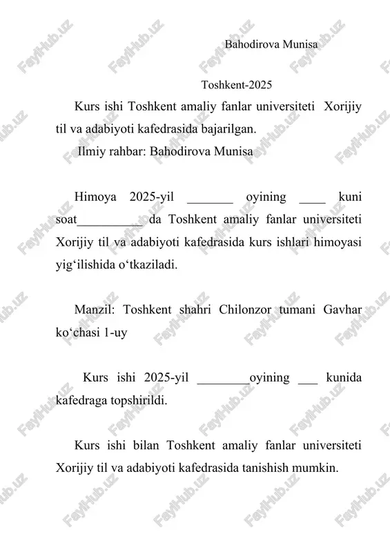 ____________________________ kurs ishi mavzusi yuzasidan talabaning o‘z nuqtayi nazarini haqqoniy aks ettira olganligi, ko‘tarilgan muammoni hal etishga ijodiy yondashuvi________________ __________________________________________________________________ __________________________________________________________________ __________________________________________________________________ talabaning kurs ishi mavzusini yozma madaniy nutq talablari asosida chuqur ilmiy mushohada bilan izchillikda yoritib berganlik darajasi_______________________ __________________________________________________________________ __________________________________________________________________ ________________________________________________________ talabaning kurs ishida ko‘rarilgan muammo yuzasidan umumlashma ilmiy-nazariy xulosalar chiqara olganligi_____________________________________________ __________________________________________________________________ __________________________________________________________________ talabaning kurs ishini rasmiylashtirishi va ochiq himoya qilishi. himoya vaqtida talabaning mavzuni ilmiy nutq malakasi asosida izchil yorita berish mahorati, uning axborot texnologiyalaridan to‘g‘ri va samarali foydalanganlik darajasi___________ __________________________________________________________________ __________________________________________________________________ __________________________________________________________________ __________________________________________________________________ ilmiy rahbar bahodirova munisa kafedra mudiri phd baxadirov.j.a content: introduction 1.teaching and learning pronunciation 1.1 the sounds of language 1.2 the learner’s role 1.3 pronunciation goals main body 2. the phonetic alphabet 2.1 place of articulation 2.3 manner of articulation 2.4 pronunciation and vocabulary work conclusion references introduction teaching pronunciation involves a variety of challenges. to begin with, teachers often find that they …