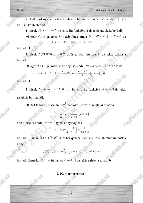 uchun deb olingan farazga zid. demak funksiya da tekis uzluksiz. ► 2-ta’rif. faraz qilaylik funksiya to‘plamda berilgan bo‘lsin. ushbu ayirma funksiyaning to‘plamdagi tebranishi deyiladi va u opqali belgilanadi: . funksiyaning to‘plamdagi tebpanishi qyyidagicha ham ta’riflanishi mumkin. natija. agar bo‘lsa, u holda uchun shunday topiladiki, segment uzunliklari dan kichik bo‘laklarga ajratilganda har bir bo‘lakdagi funksiyaning tebranishi dan kichik bo‘ladi. ◄ shartga ko‘ra . demak, kantor teoremasiga ko‘ra u da tekis uzluksiz. unda ta’rifga binoan bo‘ladi. endi segmentni uzunligi dan kichik bo‘lgan bo‘laklarga ajaratamiz. unda bo‘ladi. demak, bo‘ladi. ► funksiyaning uzluksizlik moduli. funksiya to‘plamda berilgan bo‘lib, u shu to‘plamda uzluksiz bo‘lsin. endi uchun (1) ayirmani qaraymiz. 3-ta’rif. (1) ayirmaning aniq yuqori chegarasi funksiyaning to‘plamdagi uzluksizlik moduli deyiladi va kabi belgilanadi: . demak, funksiyaning to‘plamdagi uzluksizlik moduli ning manfiy bo‘lmagan funksiyasi bo‘ladi. endi uzluksizlik modulining ba’zi xossalarini keltiramiz: 1) funksiyaning uzluksizlik moduli ning o‘suvchi funksiyasi bo‘ladi. ◄ aytaylik, va bo‘lsin. u holda , …