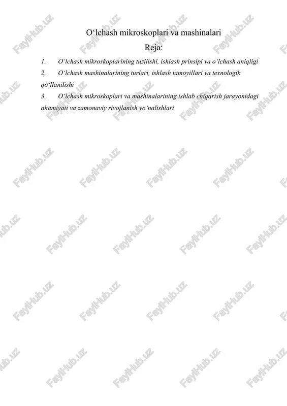 li yo‘naltiruvchi sistemalar va fokuslash mexanizmlari mavjud. obyektiv detal tasvirini hosil qiladi, okulyar esa uni kattalashtirib kuzatish imkonini beradi. optik tizimning asosiy parametri — kattalashtirish koeffitsienti bo‘lib, u mikroskopning o‘lchov aniqligini belgilaydi. kattalashtirish qancha yuqori bo‘lsa, o‘lchov aniqligi shuncha yaxshi bo‘ladi, lekin bu holatda kuzatish maydoni kichrayadi. shu sababli, amaliyotda o‘lchash mikroskoplari odatda 20x dan 200x gacha kattalashtirish oralig‘ida ishlaydi. mikroskopning o‘lchov mexanizmi detallar orasidagi masofani yoki chiziq uzunligini aniqlash uchun xizmat qiladi. u odatda koordinat stol orqali amalga oshiriladi. stol ikki o‘qli harakatga ega bo‘lib (x va y o‘qlarda), mikrometr vintlar yordamida siljitiladi. har bir harakat mikrometr shkalasi yoki raqamli o‘lchov tizimi orqali aniqlanadi. shu tarzda, detalning istalgan nuqtasiga aniq koordinatalar bo‘yicha yetib borish va uni o‘lchash mumkin bo‘ladi. mikroskopning stoli ustiga o‘lchanadigan detal joylashtiriladi. detalning harakatini silliq va aniqlik bilan ta’minlash uchun stol yo‘naltiruvchi relslar va podshipniklar tizimi bilan jihozlangan. zamonaviy mikroskoplarda stol harakati elektron boshqaruv yoki servo-motorlar …
