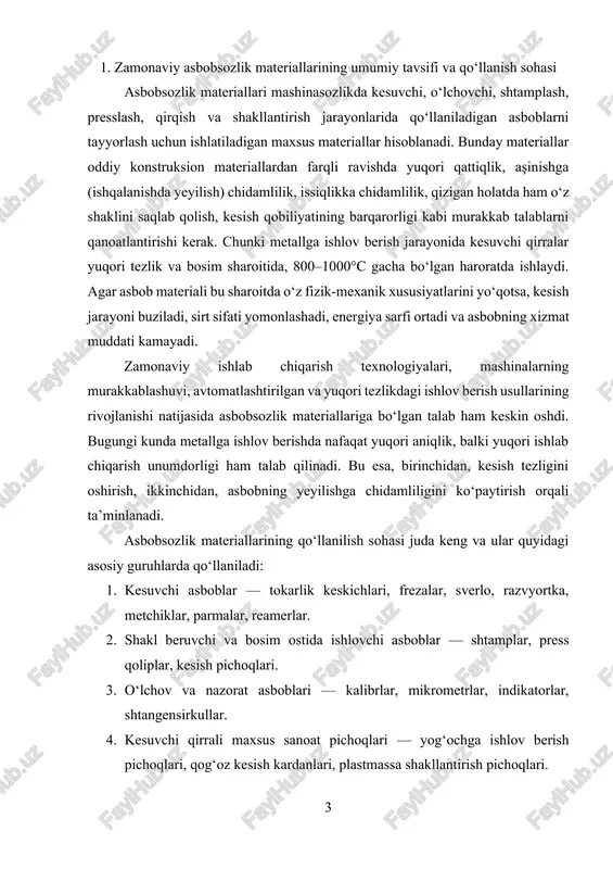 tka, metchiklar, parmalar, reamerlar. 2. shakl beruvchi va bosim ostida ishlovchi asboblar — shtamplar, press qoliplar, kesish pichoqlari. 3. o‘lchov va nazorat asboblari — kalibrlar, mikrometrlar, indikatorlar, shtangensirkullar. 4. kesuvchi qirrali maxsus sanoat pichoqlari — yog‘ochga ishlov berish pichoqlari, qog‘oz kesish kardanlari, plastmassa shakllantirish pichoqlari. asbob materiallariga qo‘yiladigan talablar ko‘p omilli bo‘lib, ular quyidagilarni o‘z ichiga oladi: · yuqori qattiqlik — material kesiluvchi buyumdan ancha qattiq bo‘lishi kerak. · issiqlikka chidamlilik (qizish qattiqligi) — yuqori haroratda qattiqlikni yo‘qotmaslik. · aşinishga chidamlilik — ishqalanish davomida asta-sekin yeyilishni sekinlashtirish. · kimyoviy barqarorlik — ishlov berilayotgan material bilan reaksiyaga kirishmaslik. · zarbaga chidamlilik va qovushqoqlik — qirra sinmasligi uchun yetarli mustahkamlik. zamonaviy texnologiyalar rivojlanishi bilan birga asbobsozlik materiallari ham evolyutsiya bosqichlarini boshdan kechirdi. dastlab yog‘och va tosh ishlatilgan bo‘lsa, keyinchalik oddiy uglerodli po‘latlar paydo bo‘ldi. sanoat inqilobidan so‘ng, tezkor kesuvchi po‘latlar (hss – high speed steel) keng joriy etildi. bu materiallar 600°c haroratgacha …