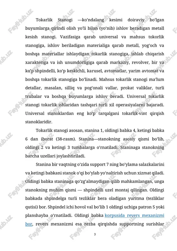 oblar (parma, zenker, razvertka va boshqalarni) ni mahkamlash uchun xizmat qiladi va asboblarning surilishini ta’minlaydi. support 7 ko’ndalang va bo’ylama salazkalardan iborat bo’lib, staninaning yo’naltiruvchilari bo’ylab harakatlanadi. salazkalar ustiga keskich tutqich o’rnatilgan, keskichni ko’ndalang va bo’ylama yo’nalishda hamda shpindel o’kiga nisbatan istalgancha burchak ostida dastaki va mexanik siljishiga imkon beradi. fartuk 8 support karetkasirga mahkamlangan. unda supportni surish mexanizmlari joylashgan. surish vali 9 dan bo’ylama va ko’ndalang yunalishda, surish vinti 10 dan esa rezba qirk.ishda foydalaniladi. surish qutisi 11 supportni bo’ylama va ko’ndalang surilish kattaligini o’zgartiradi, shuningdek surish vali yoki surish vintlariga kerakli harakat uzatadi. tokarlik-vint qirsish stanoklarida tokarlik, yo’nib kengaytirish, parmalash, rezba qirqish va boshqa ishlardan tashqari, moslamalar yordamida silliqlash, frezalash va boshqa ishlarni bajarish mumkin. tokarlik vint ochuvchi dastgohlari. maktab ustaxonalarida tb-4, tb-6, tb-7 rasumli tokarlik-vint ochuvchi dastgohlar ishlatiladi. tb-6 rasumli dastgoh, tb-4 rasumli dastgohning mukammallashgan varianti bo'lgani uchun biz tb-6 va tb-7 dastgohlarini ko'rib chiqamiz. tb-6 tokar-vint …