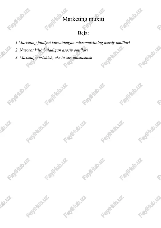 strategiyalarini ishlab chiqish osonlashadi. korporativ madaniyat, xodimlarning marketingga munosabati, mijozlarni qadrlash darajasi ham mikromuhitning muhim jihatlaridan biridir. shu bois korxona o‘zining ichki tizimini bozor talablariga moslashtirishi, marketing bo‘limining samaradorligini oshirishi, raqobatbardoshlikni ta’minlaydigan boshqaruv strategiyalarini ishlab chiqishi lozim. mikromuhitning ikkinchi asosiy elementi — iste’molchilar, ya’ni kompaniya tovarlari yoki xizmatlarini xarid qiladigan shaxslar yoki tashkilotlardir. iste’molchilar marketing tizimining markazida turadi. ularning ehtiyojlari, afzalliklari, xarid qilish motivlari, xulq-atvori, daromad darajasi, psixologik omillari marketing strategiyasini belgilaydi. modern marketing nazariyasi bo‘yicha “mijoz — marketingning asosiy boshqaruv obyekti” hisoblanadi. shuning uchun kompaniya mijoz segmentlarini tahlil qilishi, ularning ehtiyoj va muammolarini aniqlashi, xarid qilish jarayonidagi psixologik jarayonlarni o‘rganishi lozim. mijozlar ehtiyojlari doim o‘zgarib turadi, shuning uchun ularning xatti-harakatlarini muntazam o‘rganish marketing muvaffaqiyatining asosiy sharti hisoblanadi. iste’molchilar bilan ishlash jarayoni marketingni faqat reklama bilan cheklamasdan, balki mijoz ehtiyojini qondirish, ularga qiymat yaratish, xizmat ko‘rsatish sifatini oshirish, brendga sodiqlikni shakllantirish bilan bog‘liq. demak, iste’molchilar mikromuhitning markaziy elementi sifatida kompaniya …