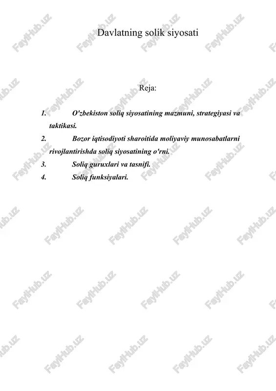 adi. mulklardan olinadigan soliqlarga mol-mulk solig'i va yer soliqlari kiradi.iqtisodiy moxiyatga qarab to'g'ri va egri soliqlarga bo'lish mumkin. to'g'ri soliqlar bevosita daromad oluvchimulk egasining daromadlaridan (foydalaridan) olinadi. bunday soliqlar huquqiy va xaqikiy soliq to'lovchi bitta shaxs bo'ladi. soliq ilgarida aniq belgilangan bo'ladi.uning manbai bo'lib korxona va tashkilotlarning xo'jalik faoliyati natijasida erishilgan moliyaviy yakun xisoblanadi. axoli soliqlarida esa soliq manbai bo'lib to'g'ridan-to'g'ri axolining daromadi xisoblanadi. foyda (daromad) solig'i, yer solig'i va daromad solig'i to'g'ri soliqlarning eng yirik daromaddir. egri soliqlar korxona va tashkilotlar faoliyatining moliyaviy yakuniga bog'liq bo'lmaydi. ular sotilayotgan tovarlar va xizmatlar oborotiga (baxosiga) ustama tarzda belgilanadi. ular so'zsiz tovar qiymati va xizmat summasini oshiradi va iste’mol ni kamytiriladi. bu soliqlarni ba’zan iste’mol soliqlari deb xam ataladi. bundan qaraganda ularni guyo maxsulot sotuvchi yoki xizmat ko’rsatuvchi to'laetgan bo'ladi. aslida esa ularning xaqiqiy to'lovchisi tovar va xizmatlarni iste’mol qiluvchilar bo'ladi. egri soliqlar guruxiga ko'shilgan qiymat solig'i, aksiz solig'i va bojxona bojlari …