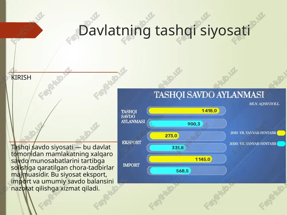 idan tartibga solish davlat tashqi savdoni quyidagi vositalar orqali tartibga soladi: - tarif vositalari (bojlar, yig‘imlar) - notarif vositalar (litsenziya, kvota, standart) - valyuta nazorati - eksport-import siyosatini qo‘llab-quvvatlash tarif vositalari bular bojxona bojlari, import solig‘i va eksport bojlari kabi mexanizmlar bo‘lib, ular xorijiy mahsulotlarni qimmatlilashtirish orqali ichki ishlab chiqaruvchilarga ustunlik beradi. notarif vositalar kvotalar, sertifikat talablar, texnik standartlar va bojxona protseduralari — bularning barchasi tashqi savdoni nazorat qilishda muhim vositalardir. tashqi savdoni tartibga solishning mexanizmlari 1. qonunchilik asoslari (eksport-import qonunlari) 2. davlat agentliklari faoliyati 3. monitoring va tahlil tizimlari 4. savdo kelishuvlari va xalqaro tashkilotlar bilan hamkorlik xulosa davlatning tashqi savdo siyosati mamlakat iqtisodiyotini rivojlantirish, raqobatbardosh mahsulotlar yaratish va xalqaro savdodagi manfaatlarni himoya qilishga qaratilgan. bu siyosat eksport va importni tartibga solish mexanizmlari orqali amalga oshiriladi. foydalanilgan adabiyotlar 1. iqtisodiy siyosat asoslari – o‘zbekiston iqtisodiyot vazirligi nashrlari 2. xalqaro iqtisodiy munosabatlar – darslik 3. www.wto.org 4. www.stat.uz 5. o‘zbekistonda …