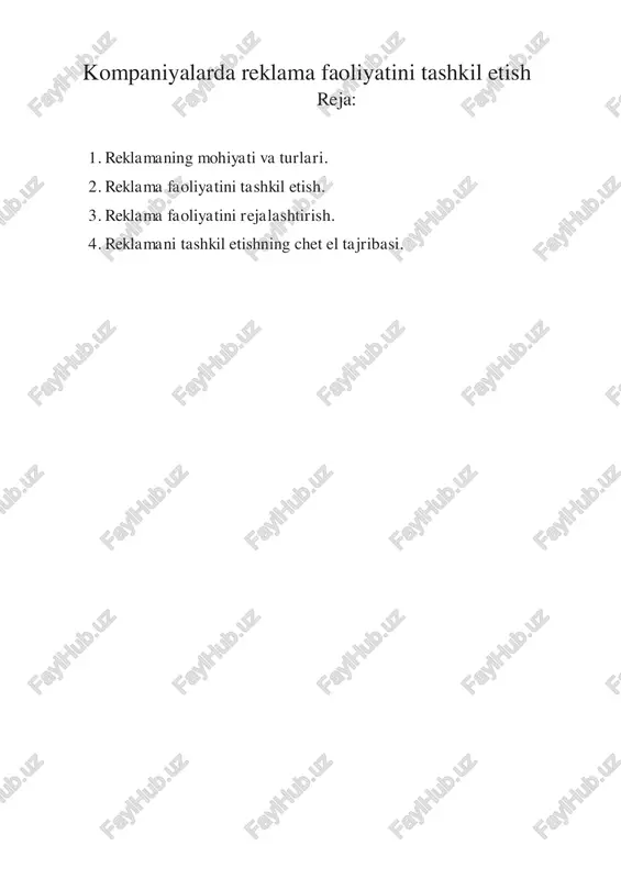 yordam berdi. radioning keyingi paytda, televideniyening kashf etilishi reklama faoliyatida kuchli turtki bo’lib xizmat qildi. reklamaning bozordagi sotuvchi va xaridorlar hamda tovar va xizmatlarning keskin raqobatchilar bilan aloqasi quyidagi tushunchani shakllantiradi: “reklama – reklama beruvchi tomonidan tarqatilgan ma’lumotlarning har xil matnlarini, u foydalangan tahlil yoki boshqa vositalardan qat’i nazar, shu jumladan, bosma, nashr qilish yo’li bilan, efirga uzatish yo’li bilan iste’molchilarni ommaviy o’rganish, foydalanish yoki yetkazish maqsadida uchinchi shaxslarga nisbatan reklama beruvchi to’g’risida uning tovarlari, ularning xususiyat, ishlab chiqarish sharoitlari va boshqa holatlar to’g’risida, shu maqsadlarning reklama beruvchi uning tovarlarga bo’lgan qiziqishini shakllantirishga yoki ushlab turishga xizmat qiluvchi, bozorda ularni raqobatbardoshligini oshirishga qaratilgan harakatga aytiladi». reklama talabga ega bo’lmagan tovarlarni sotilishini tezlashtirish uchun ishlatilgan. bozorning shakllanishida boshlangan yangi jarayon reklamadan foydalanish va rivojlanishida o’ziga xos yangi yo’llarini talab qiladi. o’zbekiston respublikasi bozor munosabatlariga o’tishining dastlabki bosqichlarida reklama aholini import tovarlarga bo’lgan ehtiyojlarini, jumladan, elektron hisoblash va orgtexnikalar, bank, birja, sug’urta …