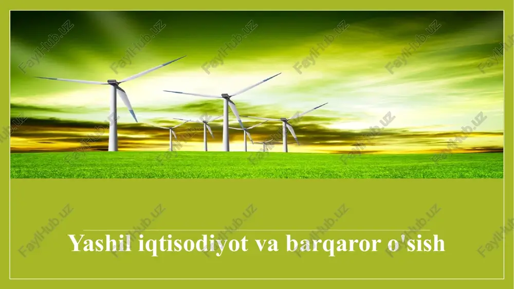 odiyot”ga o‘tishda davlat qaysi moliyaviy instrumentlardan foydalanmoqchi ekanini aniqlab olishdan iborat. chunki dastlabki bosqichda iqtisodiyot tarmoqlariga mo‘may investitsiya kiritishga to‘g‘ri keladi. biznesda “yashil iqtisodiyot” tamoyillari asosida ishlash uchun rag‘bat va motivatsiya uyg‘otilmasa, davlatning barcha saʼy-harakatlari zoye ketadi. 4 odatda korxona va tashkilotlar, aholining turli qatlamlariga muqobil energiya manbalaridan foydalanish, ishlab chiqarish jarayonida uglerod sarfini kamaytirish, “yashil texnologiyalar”ni qo‘llash va tegishli asbob-uskunalar xarid qilish uchun imtiyozli yoki foizsiz kreditlar, subsidiya hamda grantlar, soliq imtiyozlari taqdim etiladi. o‘z nabatida, bunga bank-moliya tizimi ham xayrixohlik ko‘rsatishi, banklar bmt barqaror rivojlanish maqsadlari bilan bog‘liq biznes-loyihalarga alohida eʼtibor qaratishi juda muhim. “yashil taraqqiyot” tamoyillarini qo‘shnilarimiz ham qo‘llab-quvvatlashi nechog‘liq muhim? 6 bu borada mintaqaviy birdamlikka erishilgani yaxshi, albatta. shunda jarayon tezlashadi. ekologik muvozanatni taʼminlash, tabiiy resurslardan oqilona foydalanish kabi masalalar markaziy osiyoning barcha mamlakatlari uchun dolzarb. tabiatda siyosiy chegaralar bo‘lmaydi. “yashil energetika” tizimi yoki atrof muhitga ziyon yetkazmaydigan ishlab chiqarish quvvatlarini yaratishdan nafaqat o‘zbekiston, qo‘shnilar ham …