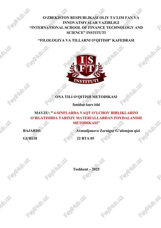 kllantirishi mumkinligini aniqlash va ularni amaliyotda tatbiq etish yo‘llarini ishlab chiqish ko‘zda tutiladi. vaqtni o‘rgatishda faqatgina bilim emas, balki o‘quvchilarning hayotiy tajribasi bilan bog‘lanadigan ko‘nikmalarni shakllantirish ham maqsad qilib olinadi. bu orqali o‘quvchilarning mantiqiy fikrlash qobiliyati, tafakkuri va amaliy faolligini rivojlantirish ko‘zda tutiladi. ✅ kurs ishining vazifalari boshlang‘ich sinf o‘quvchilariga vaqt tushunchasini shakllantirish, vaqtni o‘lchash birliklari haqida bilim berish va bu mavzuni o‘qitishda samarali metod va usullardan foydalanishning didaktik asoslarini aniqlash. boshlang‘ich sinflar matematika darslarida vaqtni o‘rgatish bo‘yicha mavjud metodik materiallarni tahlil qilish. vaqtni o‘lchash va uning birliklarini o‘rgatishda qo‘llaniladigan samarali o‘qitish metodlarini aniqlash va tavsiflash. mavzuni o‘rgatishda o‘quvchilarning yosh xususiyatlariga mos dars ishlanmalari va mashg‘ulot shakllarini ishlab chiqish. vaqt birliklarini o‘rgatishda o‘quvchilarda amaliy ko‘nikmalarni shakllantirishga yo‘naltirilgan topshiriq va mashqlarni tahlil qilish. innovatsion texnologiyalar yordamida vaqtni o‘rgatish imkoniyatlarini ko‘rib chiqish. kurs ishining maqsadidan kelib chiqib, quyidagi vazifalar belgilab olinadi: nazariy asoslarni o‘rganish – boshlang‘ich sinflarda vaqt tushunchasini shakllantirishning psixologik-pedagogik asoslarini …