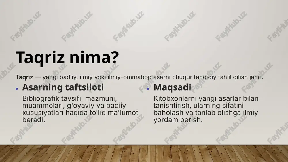 i qo'llash taqrizning tili aniq, tushunarli va neytral bo'lishi, ammo ta'sirchanlikka va o'quvchiga e'tibor jalb etishga ega bo'lishi muhim. fikr o'lchami taqriz kitobxonlarni asar haqida chuqur o'ylashga undaydi va ularni yangi bilimlar hamda ko'nikmalarga yo'naltiradi. 6 etiboringiz uchun rahmat! 7 image2.png image3.png image4.png image5.png image1.jpg