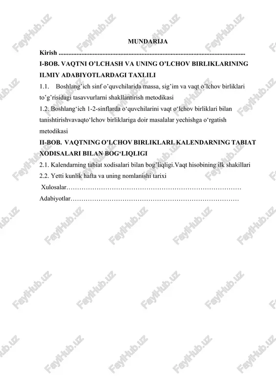 ash birliklari haqida bilim berish va bu mavzuni o‘qitishda samarali metod va usullardan foydalanishning didaktik asoslarini aniqlash. boshlang‘ich sinflar matematika darslarida vaqtni o‘rgatish bo‘yicha mavjud metodik materiallarni tahlil qilish. vaqtni o‘lchash va uning birliklarini o‘rgatishda qo‘llaniladigan samarali o‘qitish metodlarini aniqlash va tavsiflash. mavzuni o‘rgatishda o‘quvchilarning yosh xususiyatlariga mos dars ishlanmalari va mashg‘ulot shakllarini ishlab chiqish. vaqt birliklarini o‘rgatishda o‘quvchilarda amaliy ko‘nikmalarni shakllantirishga yo‘naltirilgan topshiriq va mashqlarni tahlil qilish. innovatsion texnologiyalar yordamida vaqtni o‘rgatish imkoniyatlarini ko‘rib chiqish. kurs ishining maqsadidan kelib chiqib, quyidagi vazifalar belgilab olinadi: nazariy asoslarni o‘rganish – boshlang‘ich sinflarda vaqt tushunchasini shakllantirishning psixologik-pedagogik asoslarini o‘rganish, didaktik tamoyillarni tahlil qilish. amaldagi darsliklar va metodik qo‘llanmalarni tahlil qilish – o‘zbekiston respublikasi umumta’lim maktablari uchun mo‘ljallangan matematika darsliklari va o‘qituvchilar uchun metodik qo‘llanmalardagi vaqtni o‘rgatish bilan bog‘liq mavzularni tahlil qilish. metodik yondashuvlarni ishlab chiqish – vaqtni o‘lchash, soat, daqiqa, kun, hafta, oy, yil kabi birliklarni o‘rgatishda qo‘llaniladigan interfaol metodlar, dars shakllari …
