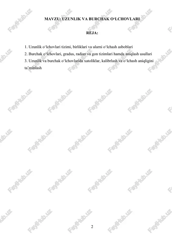 chash imkonini ta’minlaydi. uzunlik o‘lchovlari tizimiga quyidagi birliklar kiradi: kattalik birlik belgilanishi nisbati kilometr km 1 km = 1000 m metr m 1 m – asosiy birlik santimetr cm 1 cm = 0,01 m millimetr mm 1 mm = 0,001 m mikrometr µm 1 µm = 0,000001 m mashinasozlik va texnik tizimlarda ko‘pincha millimetr va mikrometr birligida ishlanadi, chunki detallar o‘lchamlari juda nozik va kichik diapazonda aniqlik talab qiladi. masalan, podshipnik o‘qi, val diametri, shesternya tish balandligi yoki rezba chuqurligi mikrometrgacha aniqlik bilan nazorat qilinishi talab etiladi. uzunlikni o‘lchash uchun quyidagi o‘lchov asboblari keng qo‘llanadi: 1. shtangensirkul — metall buyumlarning tashqi, ichki va chuqurlik o‘lchamlarini ±0,1 mm aniqlik bilan o‘lchashga mo‘ljallangan. u sanoat korxonalarida eng ko‘p qo‘llaniladigan ko‘p funksiyali o‘lchov asbobidir. 2. mikrometr — ±0,01 mm yoki undan ham yuqori aniqlikda o‘lchash imkonini beruvchi asbob. bu asbob vintli mexanizm asosida ishlaydi va o‘lchash aniqligi shtangensirkulga qaraganda yuqori. 3. ruletka — …