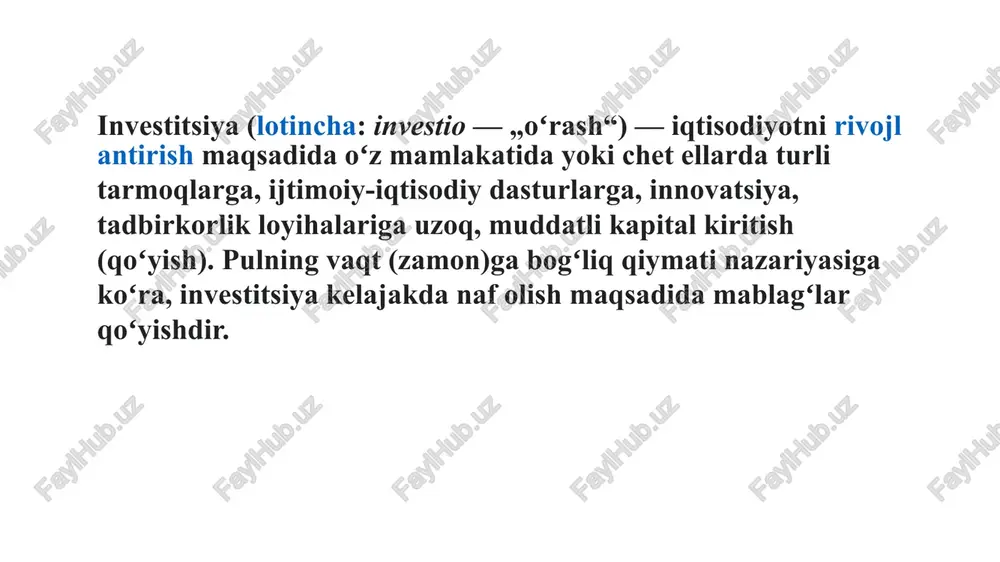 i aktivlar o‘rtasidagi tafovutni ko‘rsatuvchi xo‘jalik yurituvchi subyektlar egalik qilish muddati 1 yilgacha bo‘lgan qisqa muddatli (joriy) moliyaviy investitsiyalarni aylanma mablag‘ sifatida, egalik qilish muddati 1 yildan oshadigan uzoq muddatli moliyaviy investitsiyalarni esa uzoq muddatli aktivlar sifatida ko‘rsatishlari kerak. o‘zining balanslarida qisqa muddatli va uzoq muddatli investitsiyalarni farqlamaydigan xo‘jalik yurituvchi subyektlar mazkur standartning 13 va 15-bandlariga muvofiq investitsiyalarni baholash va balansdagi qiymatini aniqlash maqsadlarida farqlashlari kerak. qisqa muddatli (joriy) investitsiyalarni bozor qiymati bo‘yicha hisobga oluvchi xo‘jalik yurituvchi subyekt hisob siyosatida investitsiyalar balans qiymatining kamayishi yoki ko‘payishini quyidagicha aks ettiradi: daromad yoki xarajat sifatida. uzoq muddatli moliyaviy investitsiyalarni qayta baholash natijasidagi qo‘shimcha baholash summasi xususiy kapitalga qayta baholashdan daromad sifatida qo‘shiladi. moliyaviy investitsiyalar qiymati pasayganda kamaytirish xususiy kapitalda aks ettirilgan o‘sha investitsiyalarni qo‘shimcha baholash summasi hisobidan amalga oshiriladi. agar moliyaviy investitsiyalar qiymatini kamaytirish summasi qayta baholashdan olingan daromad summasidan oshsa, bu farq xarajat sifatida tan olinishi kerak. qiymati pasaytirilgan investitsiyalarni qo‘shimcha …