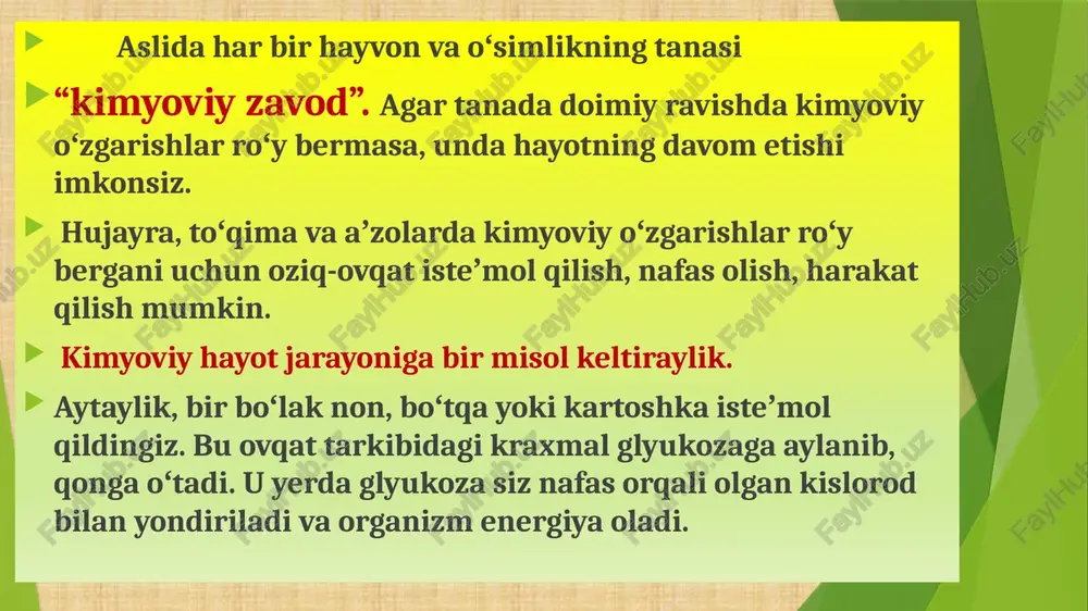 mumkin. fermentlarni faolligiga haroratni ta'siri. fermentlarni maksimal faolligi 37-50°c atrofida bo'ladi lekin ba'zi bir fermentlar yuqori haroratda ham faolligini namoyon etadi. bu fermentlarni yuqori haroratga barqarorligiga bog'liq- yuqori haroratda 2 ta jarayon yuz beradi. birinchi jarayonda harorat oshishi bilan reaktsiya tezligi oshadi. 2 jarayonda harorat oshishi bilan ferment denaturatsiyaga uchrashi tufayli faollik kamayadi. denaturatsiya (de.va lot. nature — tabiiy xususiyatlar) — turli xil fizik va kimyoviy omillar taʼsirida oqsillar, nuklein kislotalar va b. biopolimerlar molekulalarining o'ziga xos tabiiy xususiyatlarining yoʻqolishi. ferment faoligiga ph ko'rsatkichni ta'siri. har bir ferment ma'lum ph oralig'ida o'z faolligini namoyon qiladi. muhit ph ko'rsatkichi fermentlarni aktiv markazidagi funktsional gruppalarni ionlanish holatiga ta'sir etadi. aktivator va ingibitorlarni ta'siri. aktivator deb fermentlarni faolligini oshiruvchi moddalarga aytiladi. ba'zi bir fermentlar metal ionlari ta'sirida faolligini oshiradi. fermentlarni faolligini kamaytiruvchi moddalarga ingibitorlar deyiladi. ingibitorlarni mexanizmi turlicha: ingibitor ferment bilan kompleks hosil qiladi. ingibitor substrat bilan kompleks hosil qiladi. ingibitor koferment bilan …