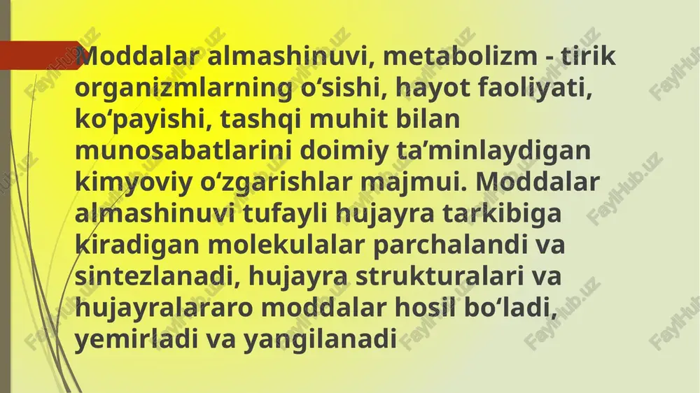 eng asosiy xususiyatlaridan biridir. a. jarayonida organizmning o'sishi, rivojlanishi va yangilanishida energiya manbai sifatida foydalaniladigan moddalar to'planishi ta'minlanadi. termodinamika nuqtai nazaridan organizmlar ochiq sistema bo'lib, ularga tashqi muhitdan energiya kelib turadi, tirik organizmlar uchun quyosh nuri dastlabki energiya manbai hisoblanadi. yer yuzida uchraydigan barcha tirik organizmlar energiya manbalaridan foydalanish xususiyatlariga ko'ra avtotrof va geterotrof guruhga ajratiladi. faqat avtotroflar (yashil o'simliklar) quyoshning energiyasidan fotosintez jarayonida organiq moddalar (uglevodlar, oqsillar, yog'lar) sintez qilishi mumkin. xemosintezlovchi mikroorganizmlardan tashqari barcha organizmlar (geterotroflar) tayyor organik moddalarni qiladi, ya'ni ulardan energiya manbai yoki qurilish materiali sifatida foydalanadi, a. jarayonida geterotroflar organizmida oqsillar dastlab aminokislotalargacha parchalanadi, ya'ni biologik individuallik xususiyatini yo'qotadi, so'ngra har bir organizmning o'zi uchun xos bo'lgan oqsillar sintezlanadi. tirik organizmda uni tash-kil etuvchi qismlarning yangilanishi parchalanish (dissimilyatsiya) va sintezlanish (a.) tufayli to'xtovsiz davom etadi. mas, katta yoshdagi odam organizmida oqsillar taxminan 2,5 yil davomida to'liq almashinadi. a.ning institutensivligi va bu jarayonning dissimilyatsiyaga nisbati organizmlar …