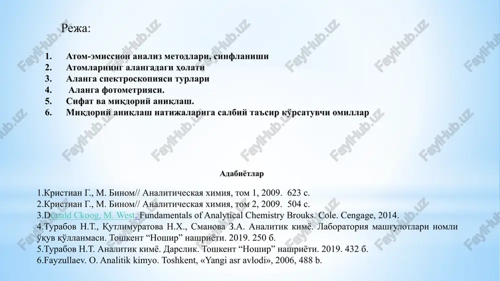 a olish mumkin – ya'ni molekula uni tashkil etuvchi zarrachalarga parchalangandan keyin va gaz holatida atomlar yoki ionlar holatida mavjud bo'ladigan zarrachalarga aylanadi. bunda atomar holatidagi elementning, ularning chiqarish va yutilish spektrlari nisbatan ko'p bo'lmagan diskret chiziqlardan iborat bo'ladi va ularning to'lqin uzunliklari ayni element uchun xarakterli bo'ladi. agar gazda molekulalar yoki murakkab ionlar mavjud bo'lmasa, spektrda polasalar mavjud bo'lmaydi, chunki atomlarda tebranma va aylanma kvantlangan holatlar mavjud bo'lmaydi, shunday qilib chiziqlar to'g'ri keladi. atom spektroskopiyasi metodlarining klassifikatsiyasi № metodning nomi atomizatsiya metodi nurlanish manbai namunani kiritish usuli 1 2 3 4 5 emission metodlar 1 yoy atom spektroskopiyasi elektr yoyi yoy aniqlanadigan moddani elektrod sirtiga joylashtiriladi 2 uchqun metodi elektr uchquni uchqun aniqlanadigan moddani elektrod sirtiga joylashtiriladi 3 alangali – emission yoki atom - emission alanga alanga analiz qilinadigan eritma alangaga purkaladi 4 atom fluorestsent alanga razryali lampa analiz qilinadigan eritma alangaga purkaladi 5 rentgen fluorestsent atomizatsiya kerak emas …