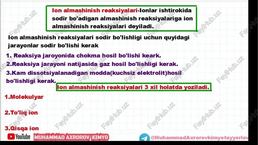 ajratadigan ajratish usuli. bu namuna eritmasidagi maqsadli ionlar va ion almashtirgichga biriktirilgan ionlar o'rtasida teskari ion almashinuvini o'z ichiga oladi. ion almashinuvi xromatografiyasining ishlash printsipi 3.ion almashtirish xromatografiyasi ajratilayotgan aralashma eritmasi tarkibidagi ionlarning ionitlardagi ionlar bilan qaytar almashinuviga asoslangan.ionitlar ionlanish va ion almashtirish xususiyatiga ega bolgan tarkibida funksional gruppalar bor,erimaydigan yuqori malekular birikmalardir. ular kationitlar va ionitlarga bo'linadi. kationit kislotali xossaga ega bolib,tarkibidagi korbaksil va sulfo gruppalarning protonlarini kationlarga almashtiradi.anionitlar tarkibida asos xossali gruppalar bo'ladi.ion almashtirish xromatografiyasi ionitlardagi aktiv gruppalarning ajratilayotgan moddalar ionlari bilan tasirlashuviga asoslangan.ular oqsil va aminokislatalar aralashmalarini ajratishda ishlatiladi. xromatografiya metodik xususiyatlari va bajarilish texnikasiga kora kolonkali, yupqa qavatli va qog'ozda taqsimlanish xromatografiyasiga bo'linadi 4.ion almashinuvi usuli yordamida suvlarni chuchuklahtirishda foydalanish. ion almashinuvi usuli suvda erimaydigan moddalarning suvda eruvchi materiallar kationlari bilan almashinish reaksiyasiga kirishish qobiliyatiga asoslangan. mazkur usulda sho’rsuv dastlab vodorod kationit filtrlarida o’tkaziladi. almashinish reaksiyasi natijasida suvda eruvchi tuzlar kationlari vodorodga almashinib kislota hosil bo’ladi. …