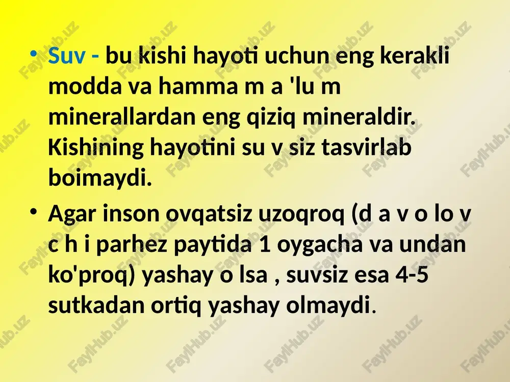 stexiometrik nisbatlarda joylashgan bo'ladi. bunday suvni ajratib, chiqarib yuborish uchun anchagina energiya sarflanadi. bunday birikmalarga …………. h2o misol bo'la oladi. konstitutsion suv - kimyoviy moddalar bilan juda qattiq bog'langan. bunday suvlarni ajratish uchun juda katta energiya sarflanadi yoki kimyoviy jarayon vujudga keltirish kerak. bunga sa(nsoz)2, mg(hco3)2 lar misol bo'la oladi. suvning fizik xossalari. suv hidsiz, mazasiz, rangsiz modda. uch xil: gaz, suyuq, qattiq agregat holatda bo'ladi. suvning 4°c dagi zichligi 1 g/sm ga teng. temperaturani 4°c dan ortishi yoki kamayishi natijasida suvning zichligi 1 g/smz dan kam qiymatga ega bo'ladi. bu hodisa suvning zichlik anomaliyasi deyiladi toza suvning solishtirma issiqlik sig'imi hamma suyuq va qattiq moddalarnikidan katta bo'lib, 1 kkal/g yoki 4,18 kj/g ga teng. demak, 1 g suvni 1°s isitish uchun boshqa moddalarni isitishda ketadigan issiqlikga qaraganda ko'prok issiqlik talab etiladi. bu suvning issiqlik sig'im anomaliyasi, deb ataladi. suv insonning barcha organlari va to'qimalari tarkibiga kiradi. masalan, u hujayra …