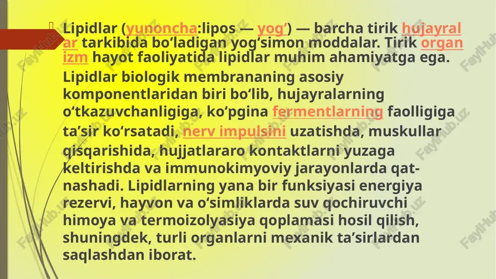 i molekular alifatik yoki alisiklik qator yog'kislotalari va ularga mos spirtlar, hamda uglevodorodlar borligi; - bunday moddalarning organizm to'qim alariga katta fiziologik tasir ko'rsata olishi; bunday guruhga tegishli moddalarga lipidlar deb aytiladi. lipidlarning turli xil klassifikatsiyasi mavjud bo'lib, eng keng tarqalgan klassifikatsiyasiga asosan lipidlar kimyoviy tarkibiga qarab guruhlar va guruhchalarga bo'linadi. oddiy lipidlar. bu guruhga kiradigan birikmalar tarkibida azot va fosfor bo’lmaydi. oddiy lipidlar jumlasiga quyidagilar kiradi: - glitseridlar (yoki atsilglitserinlar) - asosan yuqori molekular yog' kislotalarining glitserinli efirlari. glitseridlar (atsilglitserinlar) yog'larning asosini tashkil etadi; - serinlar-yuqori molekular yog' kislotalari va alifalik qatorning bir atomli yuqori molekular spirtlari efiri. serinlar mumlarning asosini tashkil etadi. murakab lipidlar. bu guruhga fosfolipidlar, glyukozidolipidlar, lipoproteidlar kabi birikmalar kiradi. siklik lipidlar. bu guruhga quyidagilar kiradi: - alisiklik yuqori molekular kislotalarning glitserinli efirlari - alisiklik spirtlar yoki sterinlar (sterollar) va ularning yuqori molekular alifatik yog' kislotalari bilan hosil qilgan efirlari. tirik organizmlarda lipidlar erkin va bog'langan …