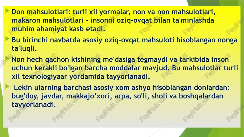 ga boy. shuni ta'kidlab o'tish lozimki kimyoviy moddalar donning asosiy qismlarida turlicha taqsimlangan. . masalan, endospermda oqsillar, lipidlar va vitaminlar ko'proq, mineral moddalar esa aleyron qatlamiga yaqin bo'lgan ustki qatlamlarda uchraydi. donni unga qayta ishlash. un ishlab chiqarish uchun asosan bug'doy va javdar donlaridan foydalaniladi. unning ikki turi ishlab chiqariladi: navli un va jaydari un. jaydari un ishlab chiqarish uchun butun don 3-4 karra yanchiladi. navli un esa murakkabroq texnologiya bo'yicha ishlab chiqariladi. bugungi kunda un ishlab chiqarish texnologiyasida ko'p operatsiyalardan iborat murakkab zamonaviy jihozlardan foydalanish talab qilinadi. bunda asosiy maqsad mexanik ta'sirlar yordamida meva va urug' qobiqlari, aleyron qatlami va murtakni ajratishdan iborat. donning qolgan qismini asosan endospermdan iborat bo'lgan turli kattalikdagi bo'lakchalar tashkil qiladi. donni yanchish natijasida hosil bo'lgan mahsulot un tarkibida doimo doning perifiril qismlari (po'stlog'i, aleyron qatlami) mavjud bo'ladi. un ishlab chiqarish bir necha bosqichlardan iborat. bularga turli xil sifatga ega bo'lgan donlarni aralashtirish. turli aralashmalardan …