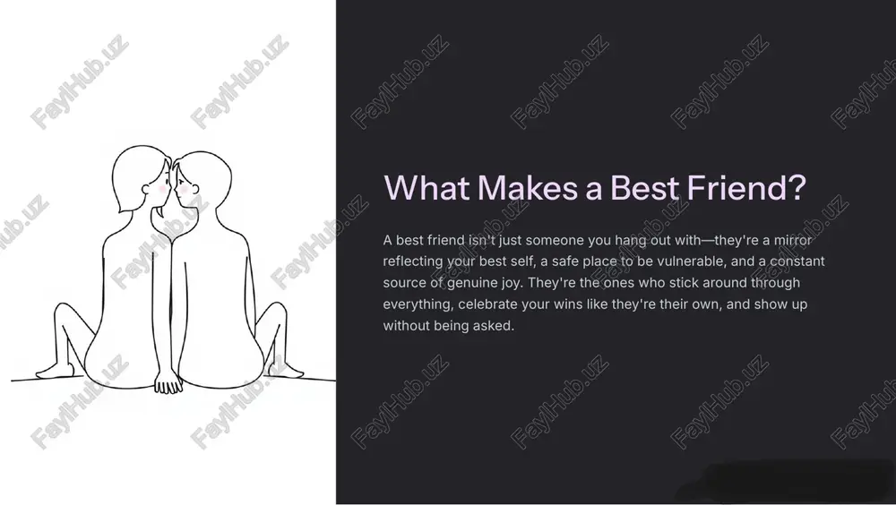 our success. https://gamma.app/?utm_source=made-with-gamma the comfort of being yourself with your best friend, you don't have to perform or pretend. you can show up messy, uncertain, or awkward4and they still want to be around you. there's a profound peace in being fully known and completely accepted. that's the gift of a true best friend: permission to be exactly who you are. https://gamma.app/?utm_source=made-with-gamma they show up in big and small ways in the chaos during your darkest moments, family crises, or when everything falls apart4they're there, steady and present. in the ordinary they text you a funny video, grab coffee "just because," and remember to ask how that thing went. without keeping score they give generously4time, energy, love4never wondering when you'll repay them because friendship isn't a transaction. https://gamma.app/?utm_source=made-with-gamma a connection that transforms you more compassionate their kindness teaches you how to be gentler with yourself and others. more confident their belief …