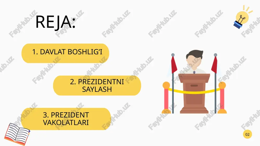 larga berilishi mumkin emas prezidentning vakolatlari 10 farmon prezidentning hujjatlari qaror farmoyish 11 vakolati tugashi munosabati bilan iste’foga chiqqan o‘zbekiston respublikasi prezidenti umrbod o‘zbekiston respublikasi oliy majlisi senati a’zosi lavozimini egallaydi prezidentning vakolatlari 12 e’tiboringiz uchun rahmat! 13 image1.jpeg image2.png image3.png image4.png image5.png image10.svg image6.png image12.svg image7.png image8.png image9.png image10.png image11.png image12.png image13.jpeg image14.jpeg image15.png image18.png image16.png image33.svg image17.jpeg image19.png image28.svg image20.png image21.png image22.png image20.svg /docprops/thumbnail.jpeg